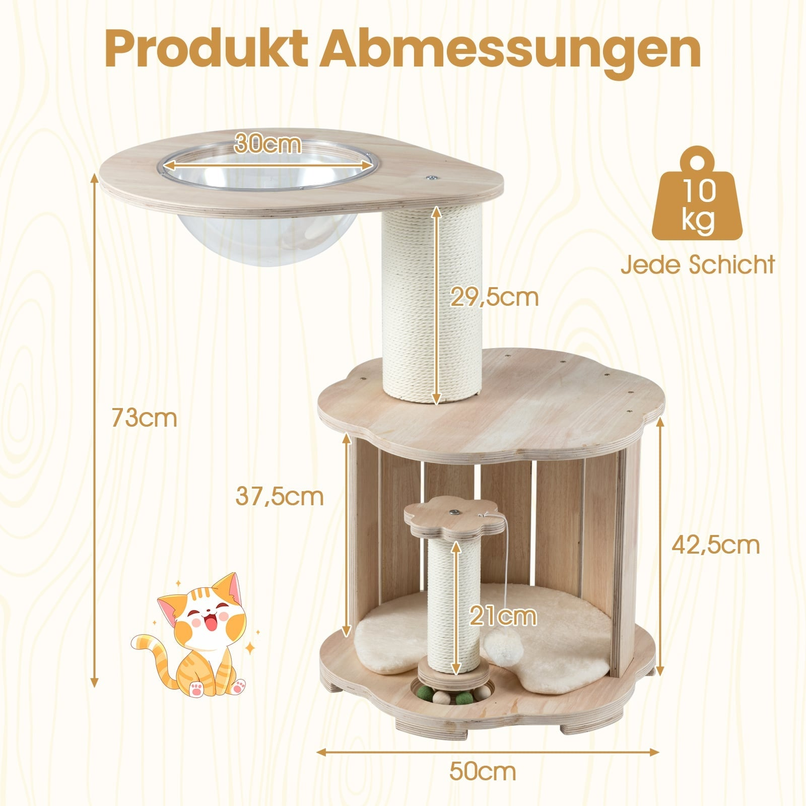 Cat tree with dimensions: 73cm height, 50cm width. Features a hanging bowl, scratching posts & cushions.