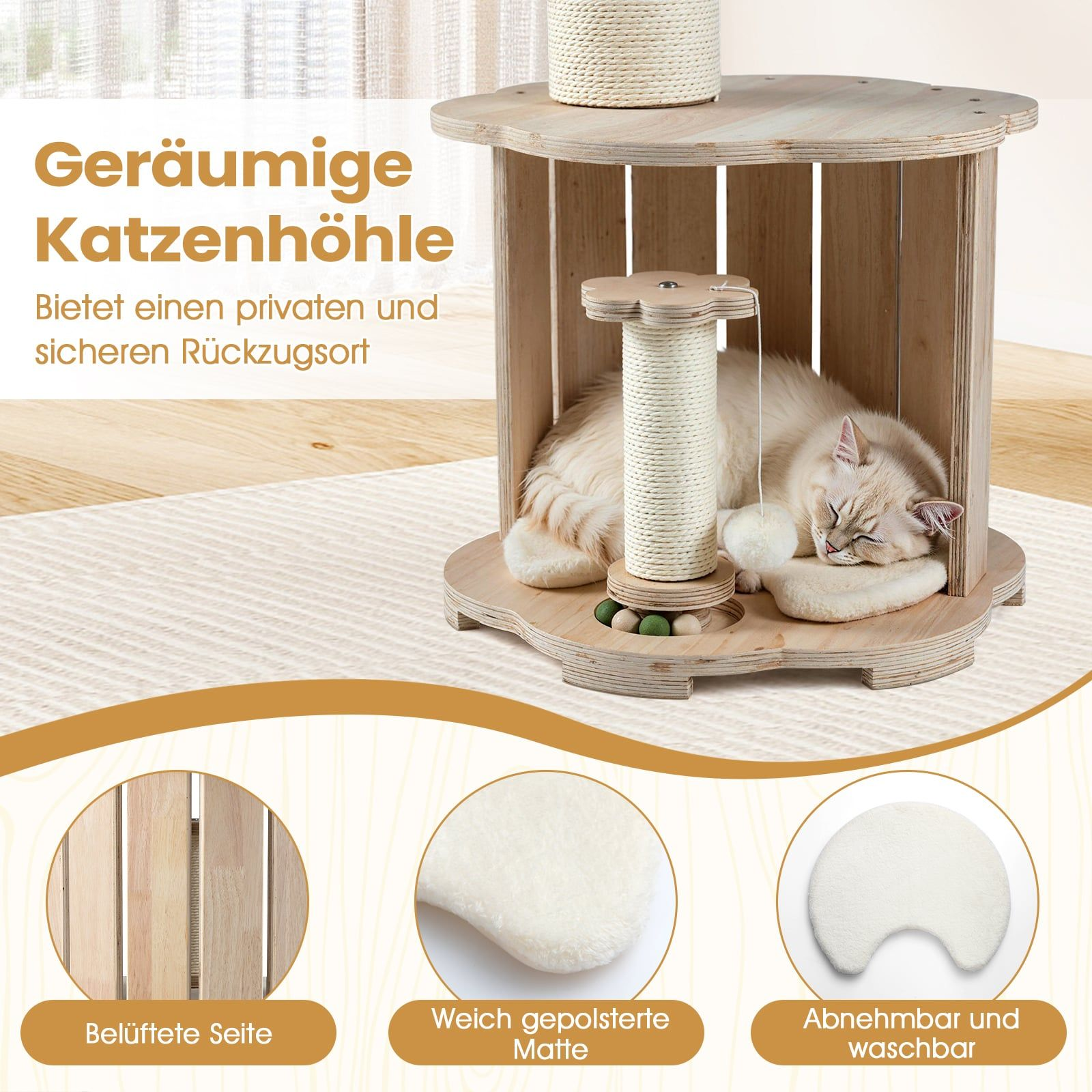 A cat sleeps in a wooden cat cave with a scratching post and toy.
