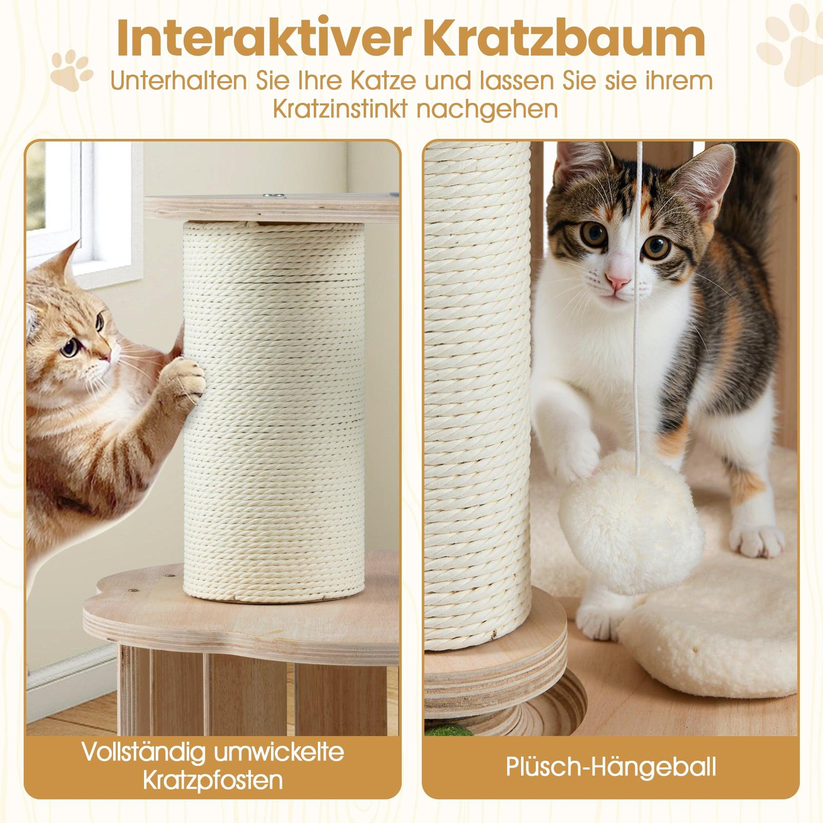 Cat scratching post with two scenes: one cat scratches a post, another plays with a ball.