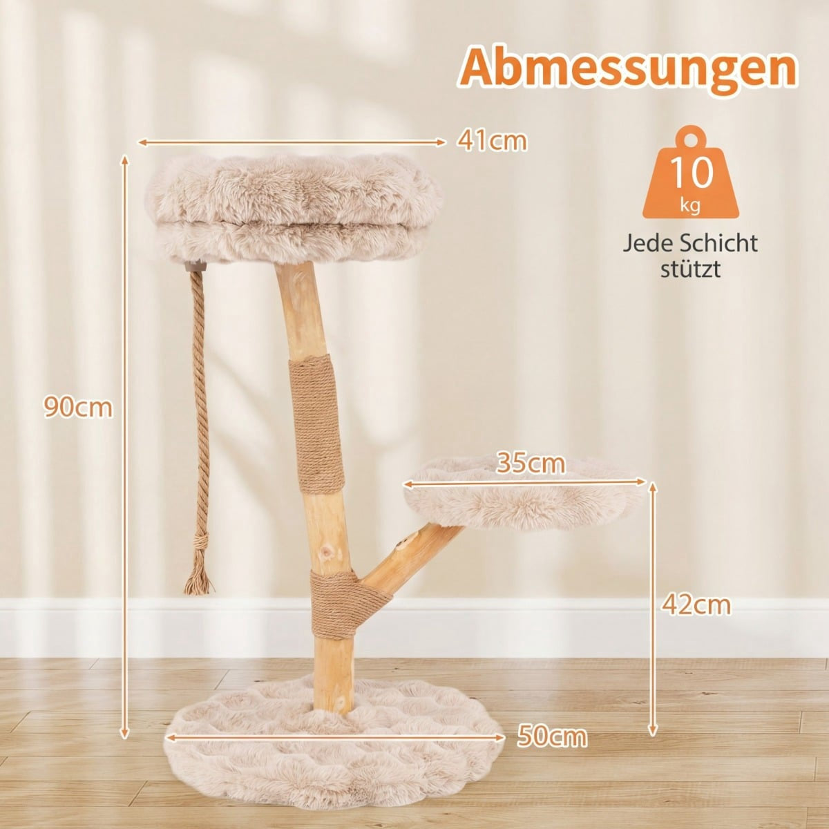 Arbre à chat avec 2 plateformes, corde et base en peluche. Dimensions : 90x41x50cm.