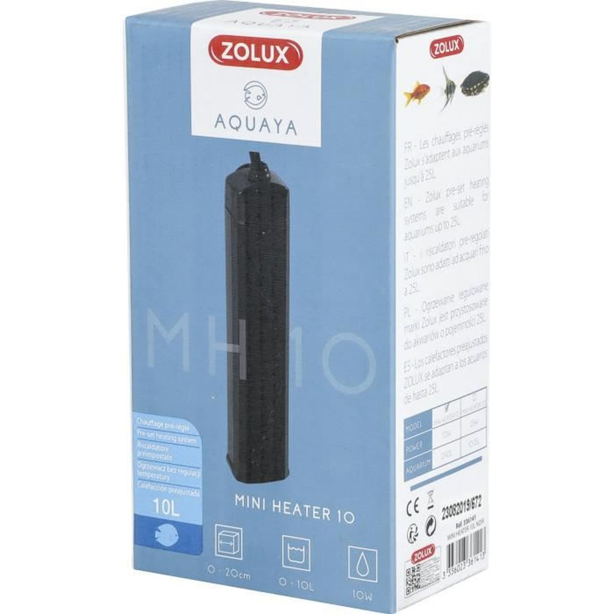 Box of a Zolux MH 10 mini heater for aquariums up to 25L.