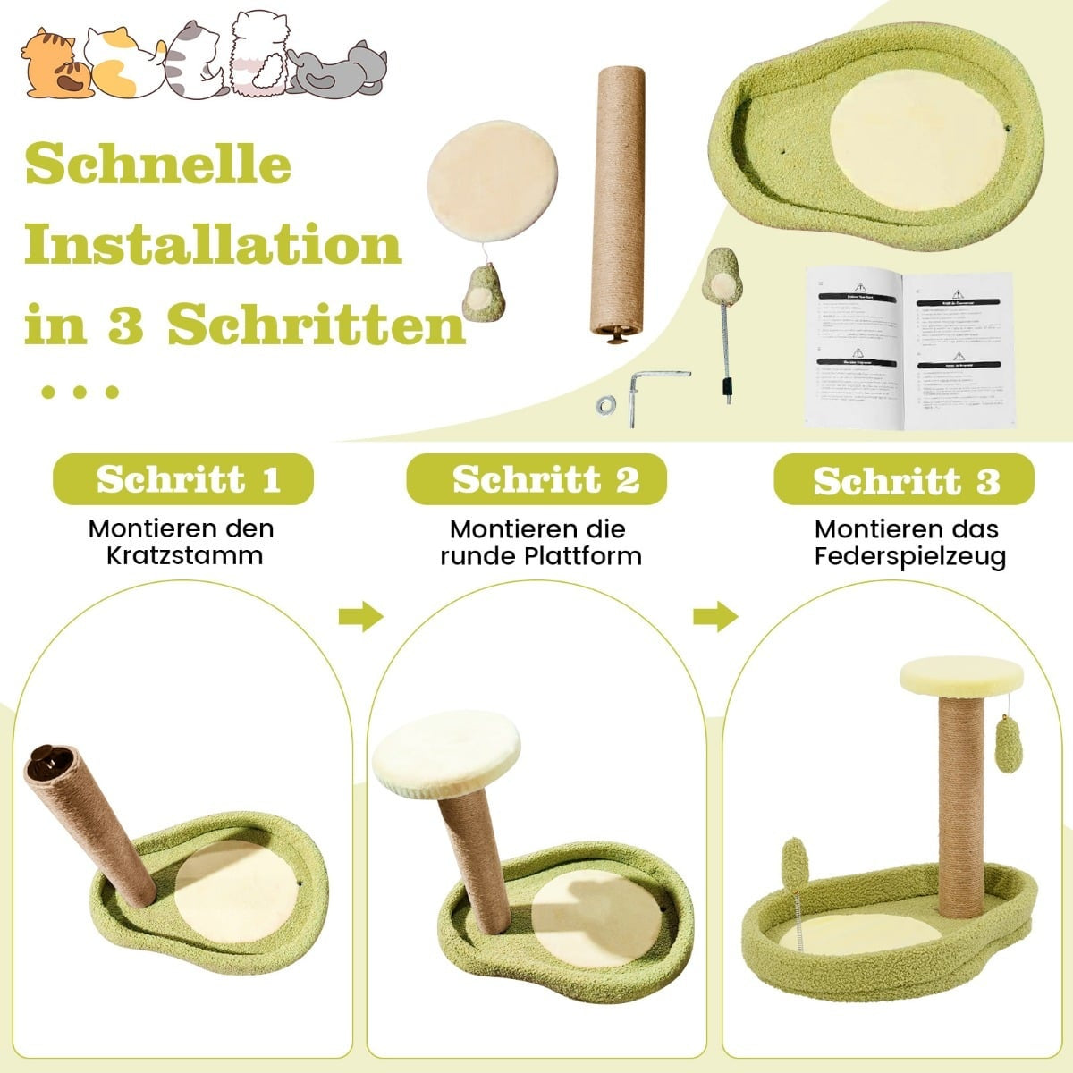 Illustration showing three steps to assemble a green cat tree with toy.