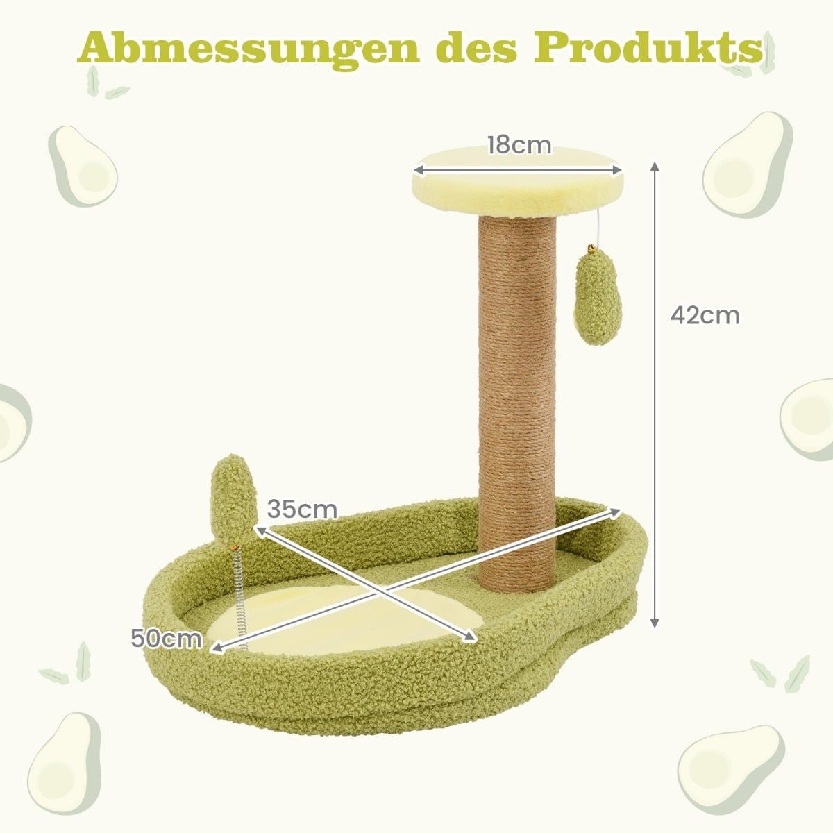 A green cat tree with toy. Dimensions: 50x35cm base, 18cm top, 42cm height.