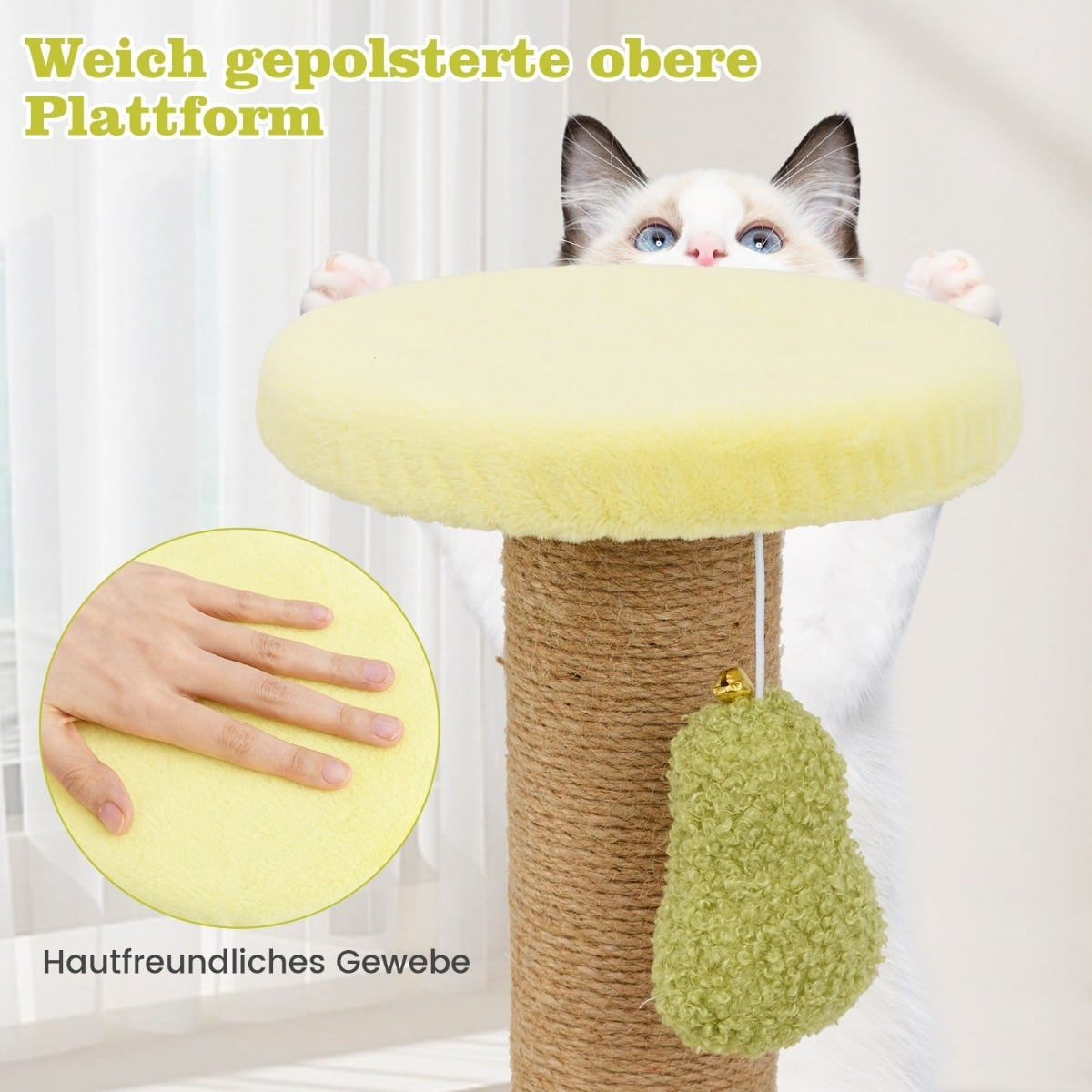 A fluffy cat peeks over a yellow platform on a scratching post with a dangling toy.