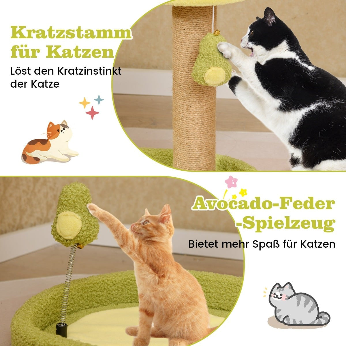 Cat scratching post with avocado toy, a cat plays with an avocado.