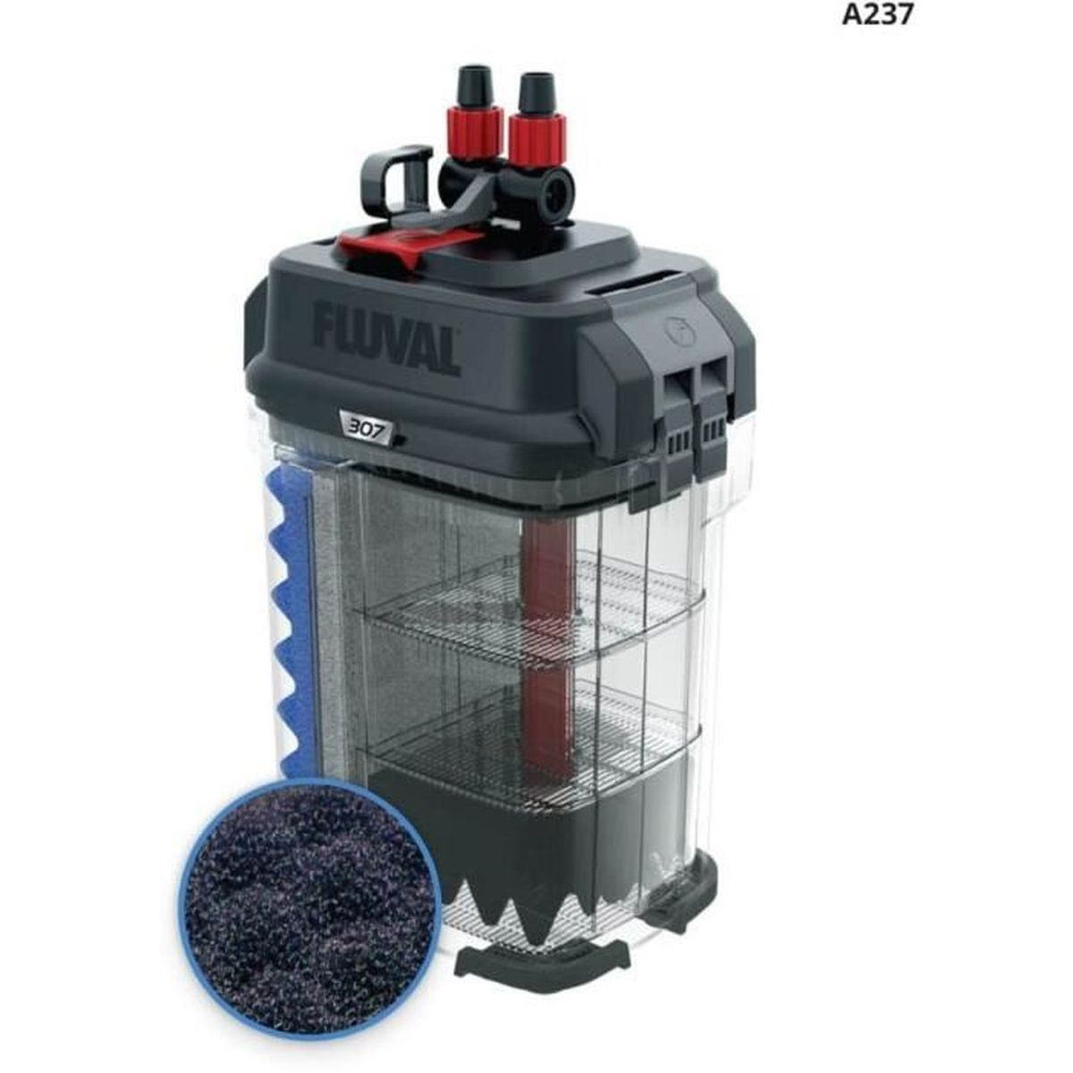 A black Fluval 307 external filter with a clear canister and red lever.