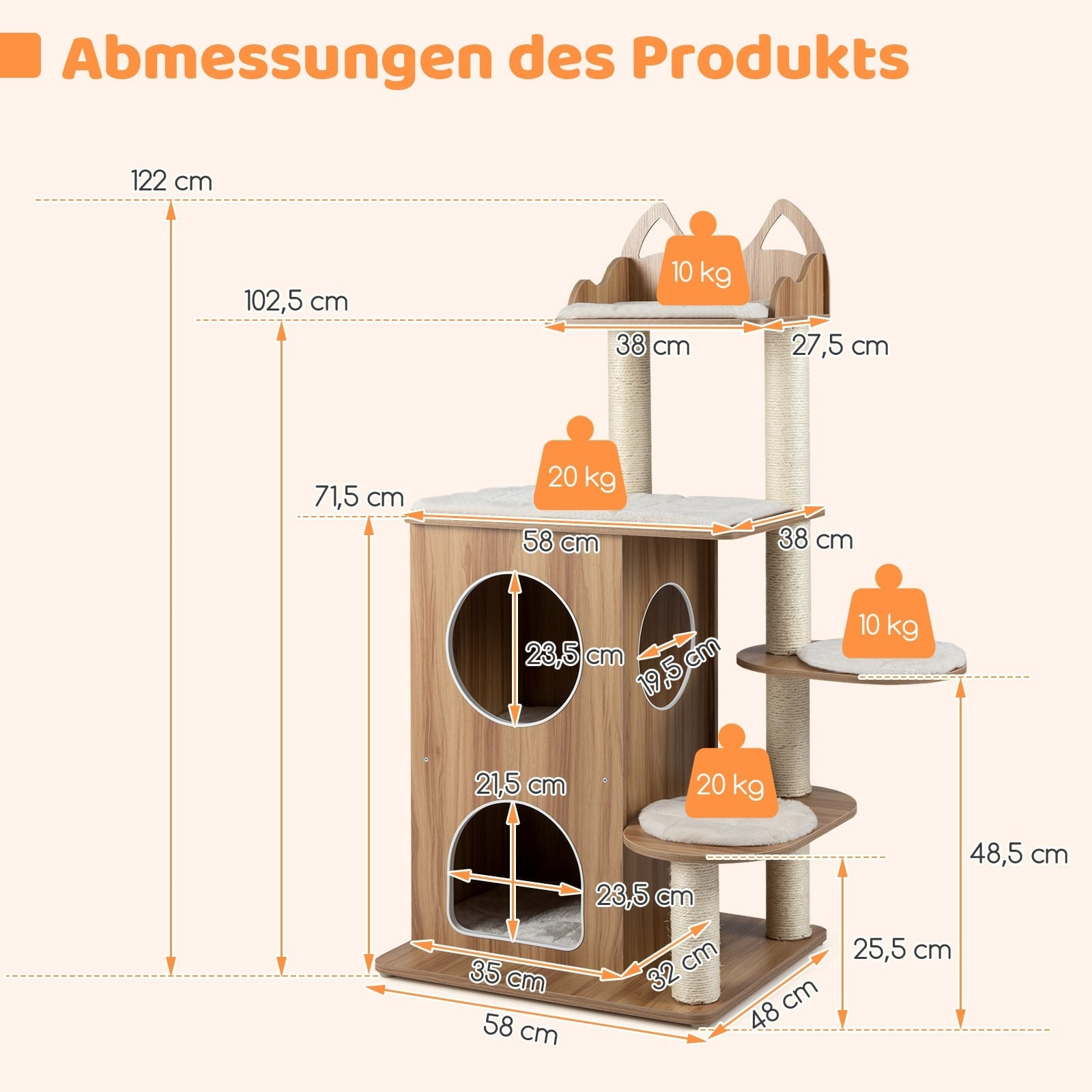 A wooden multi-level cat tree with dimensions and weight indications.
