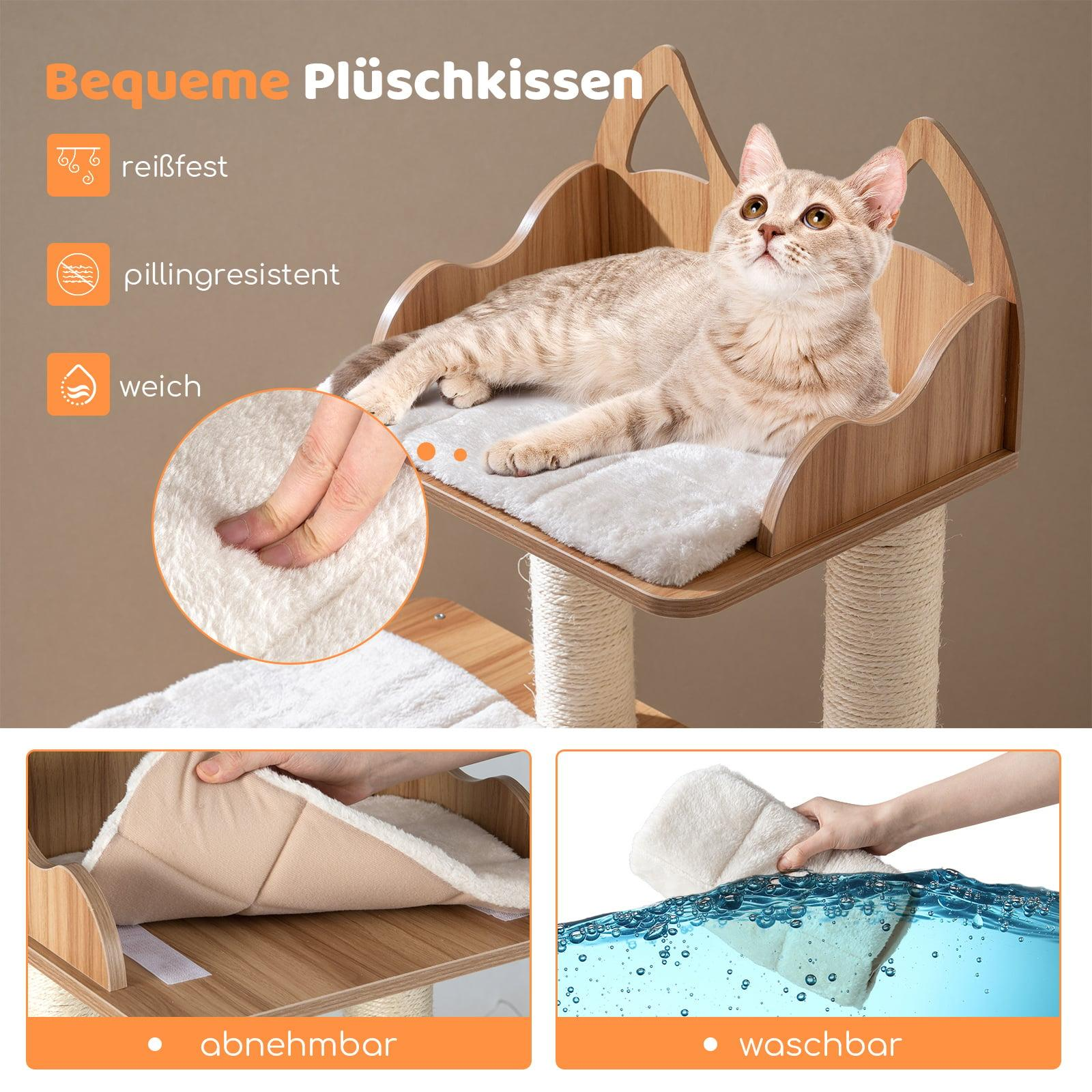 Cat on a cat tree, with close-ups of fabric and cleaning.