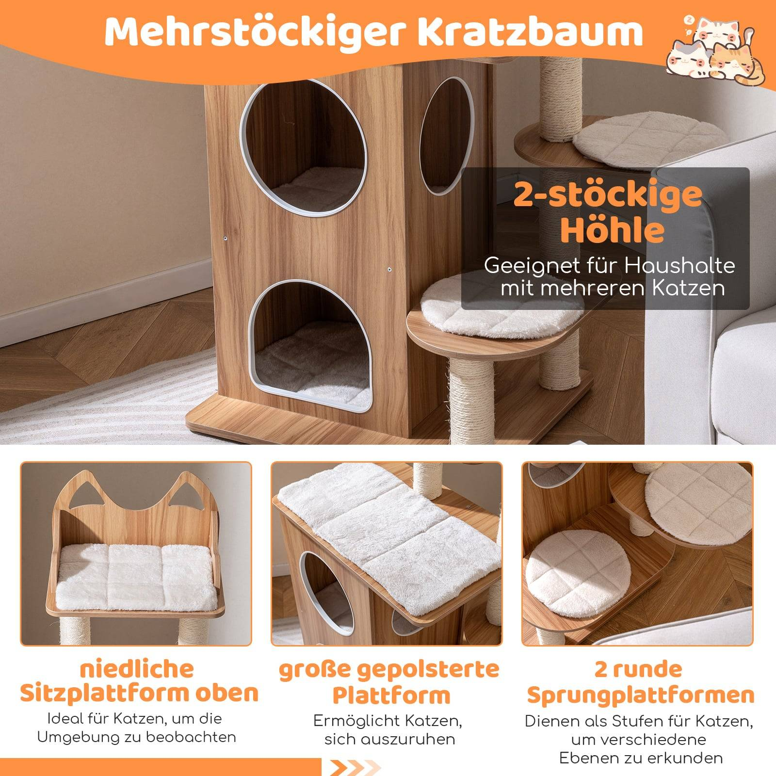 Wooden multi-level cat tree with caves and padded platforms for cats.