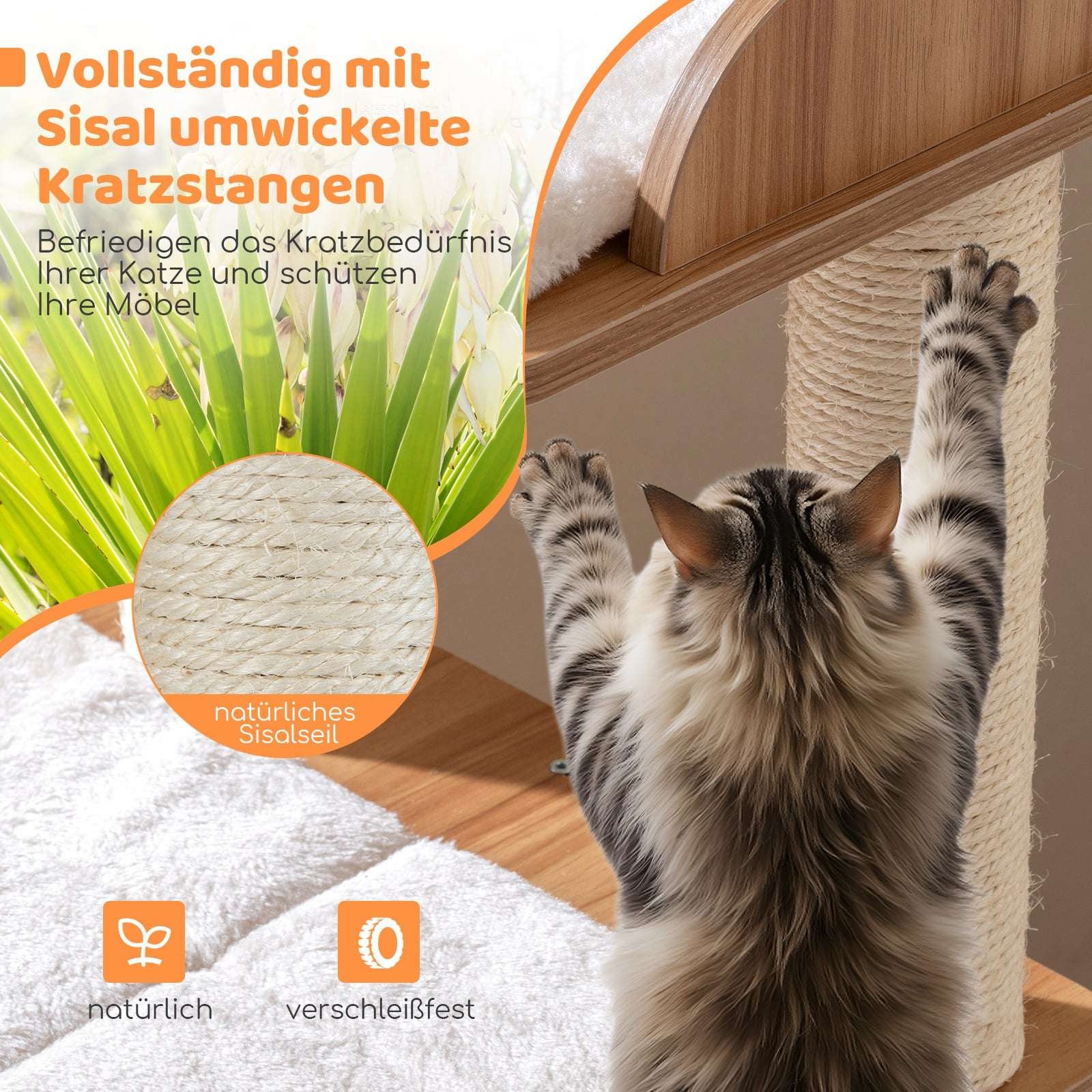 A cat scratches a sisal rope scratching post with wooden details.