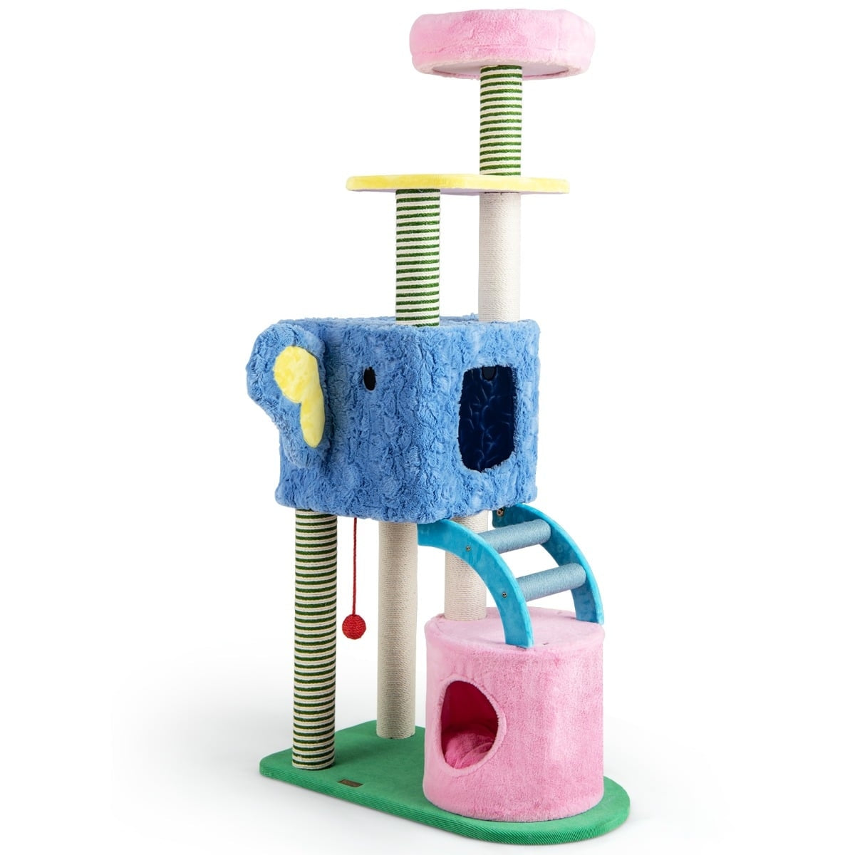 Un arbre à chat multiniveau avec maison éléphant bleue, niche rose et échelles.