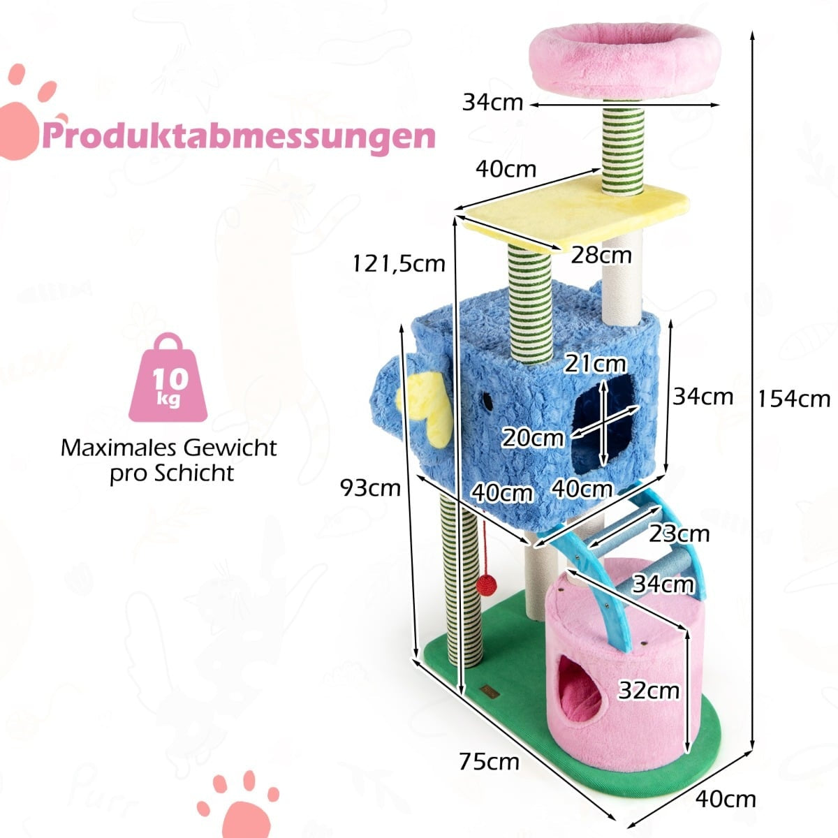 Arbre à chat multi-niveaux avec cachette cube bleue, plateforme jaune et base rose.