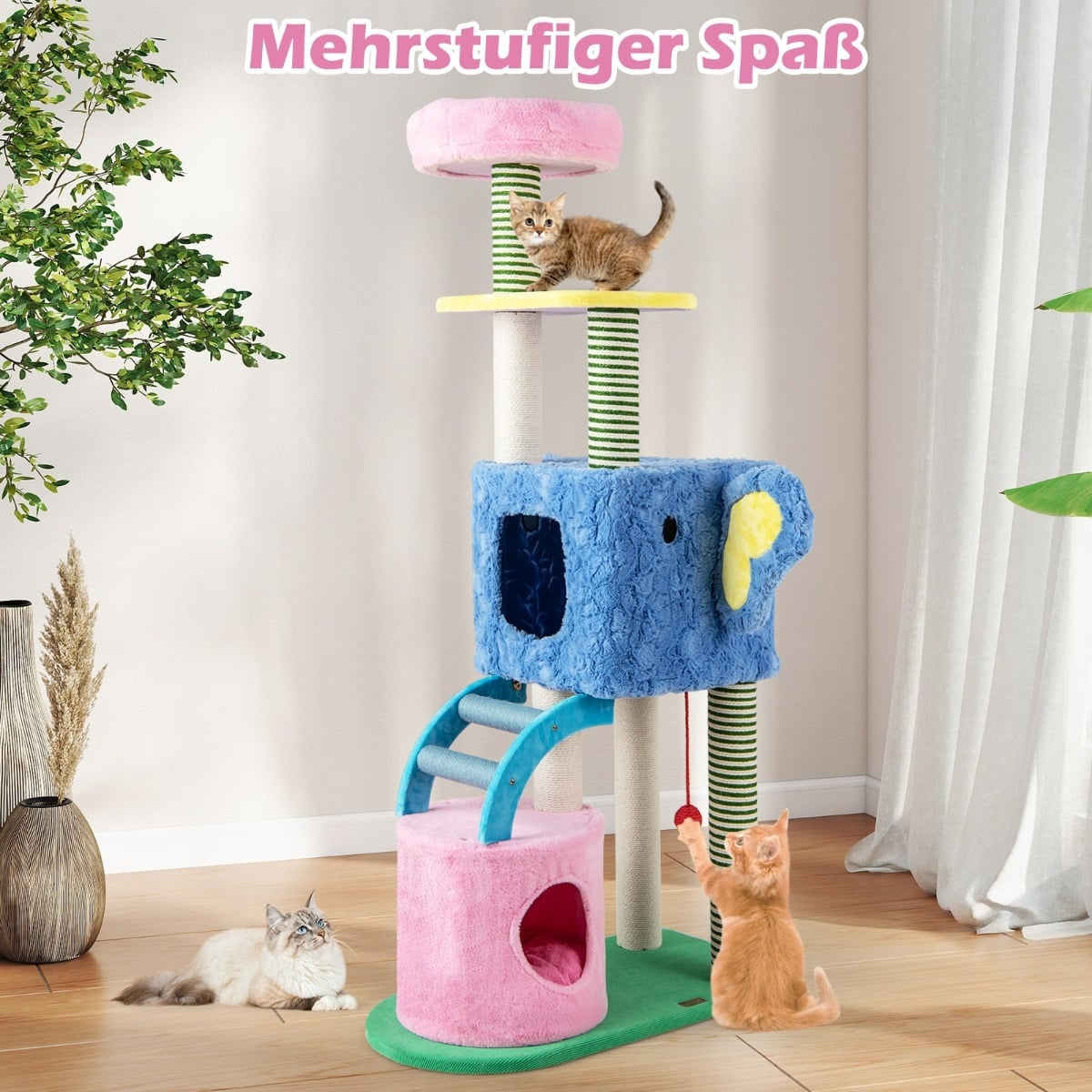 Arbre à chat à plusieurs niveaux avec deux chats et jouets.