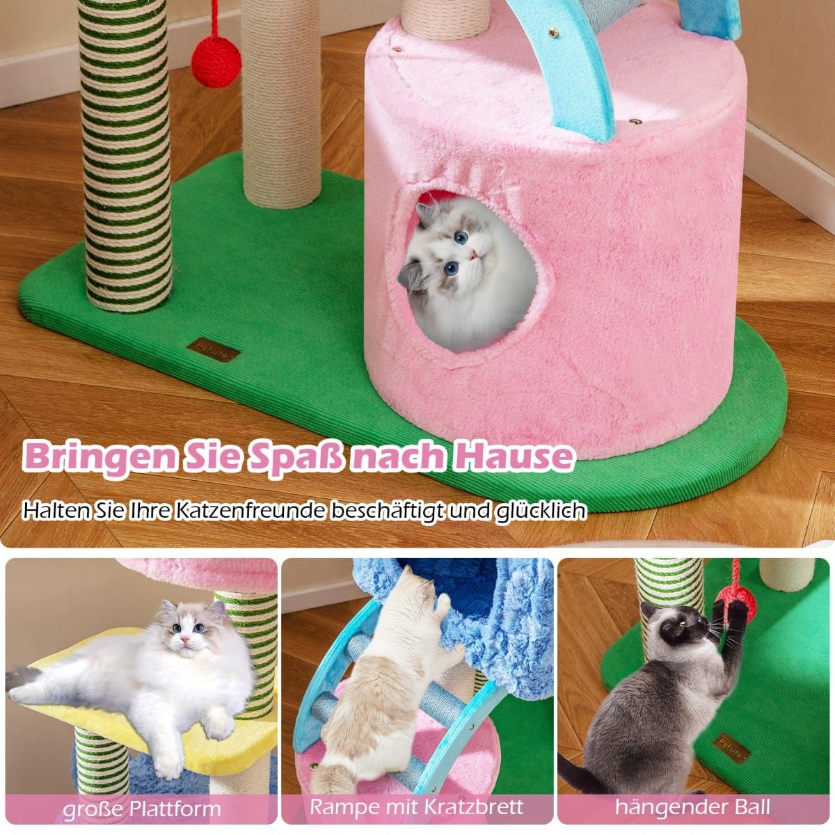 Arbre à chat avec maison rose, plateforme et rampe. Des chats y jouent.