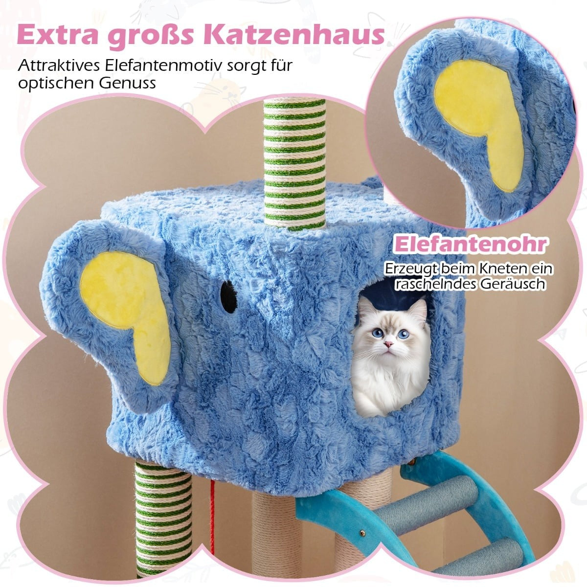 Maison bleue pour chat en forme d'éléphant avec arbres à gratter et fenêtre.