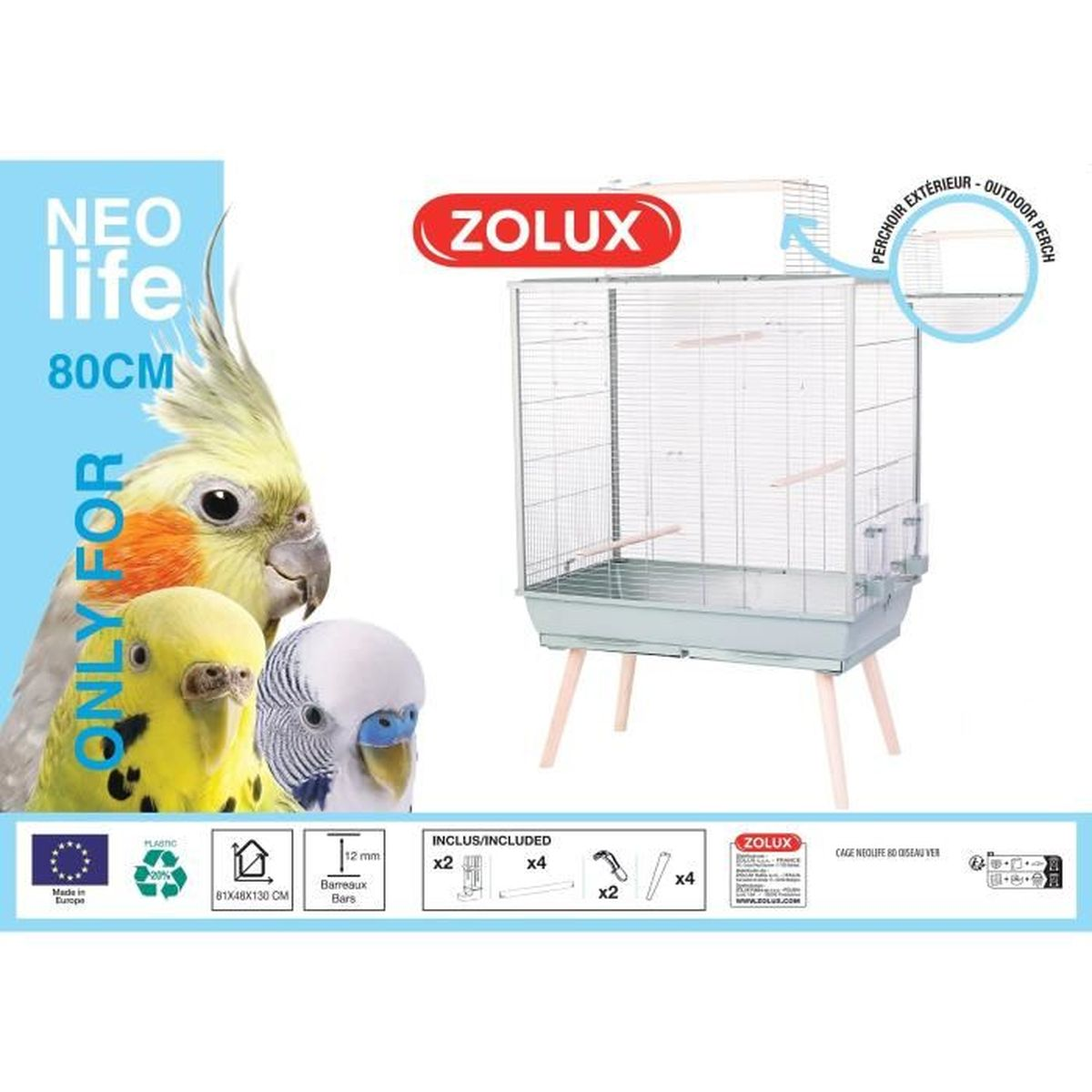 A Zolux bird cage with a cockatiel, budgie, and lovebird on a blue background.