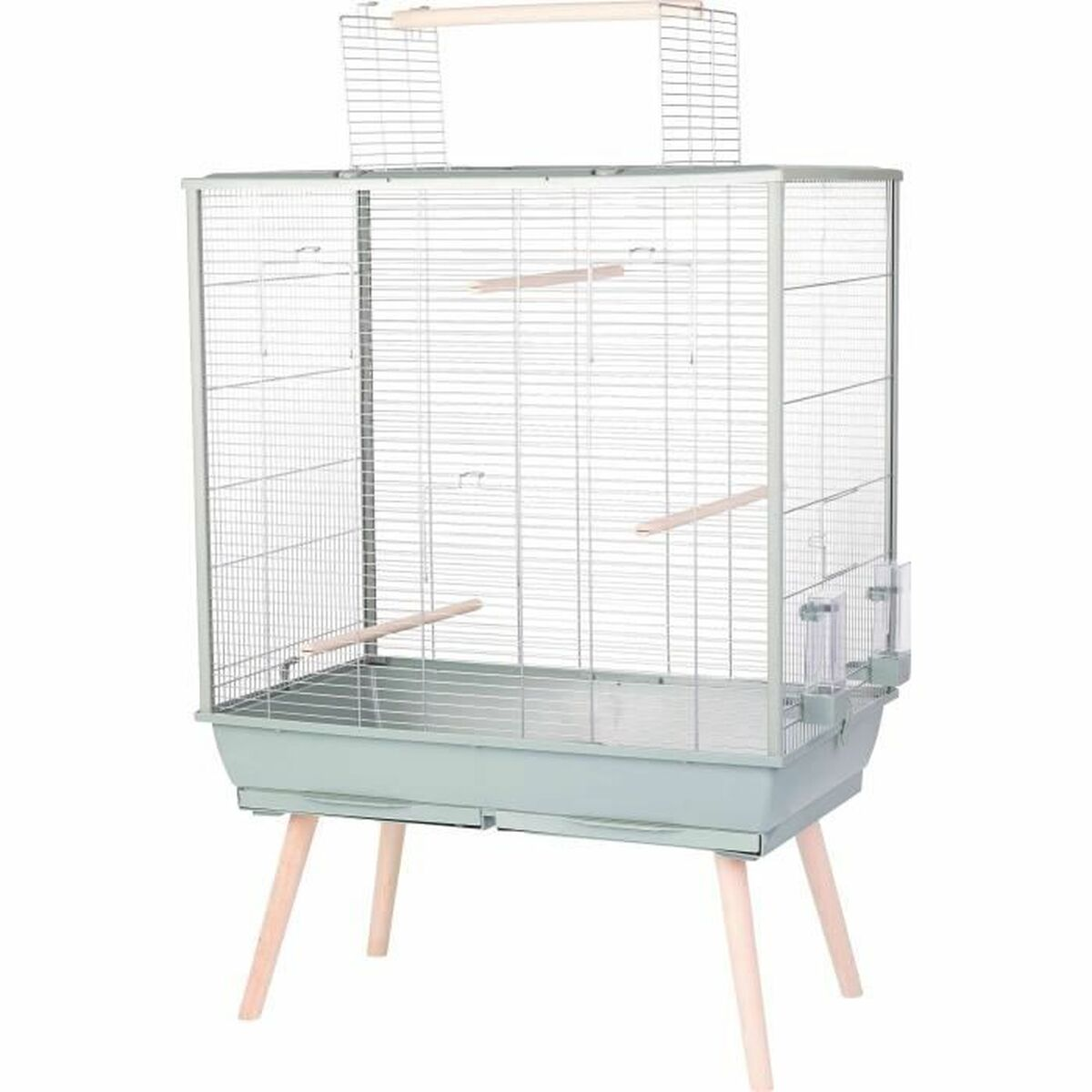 A modern bird cage on four legs with perches and feeders.