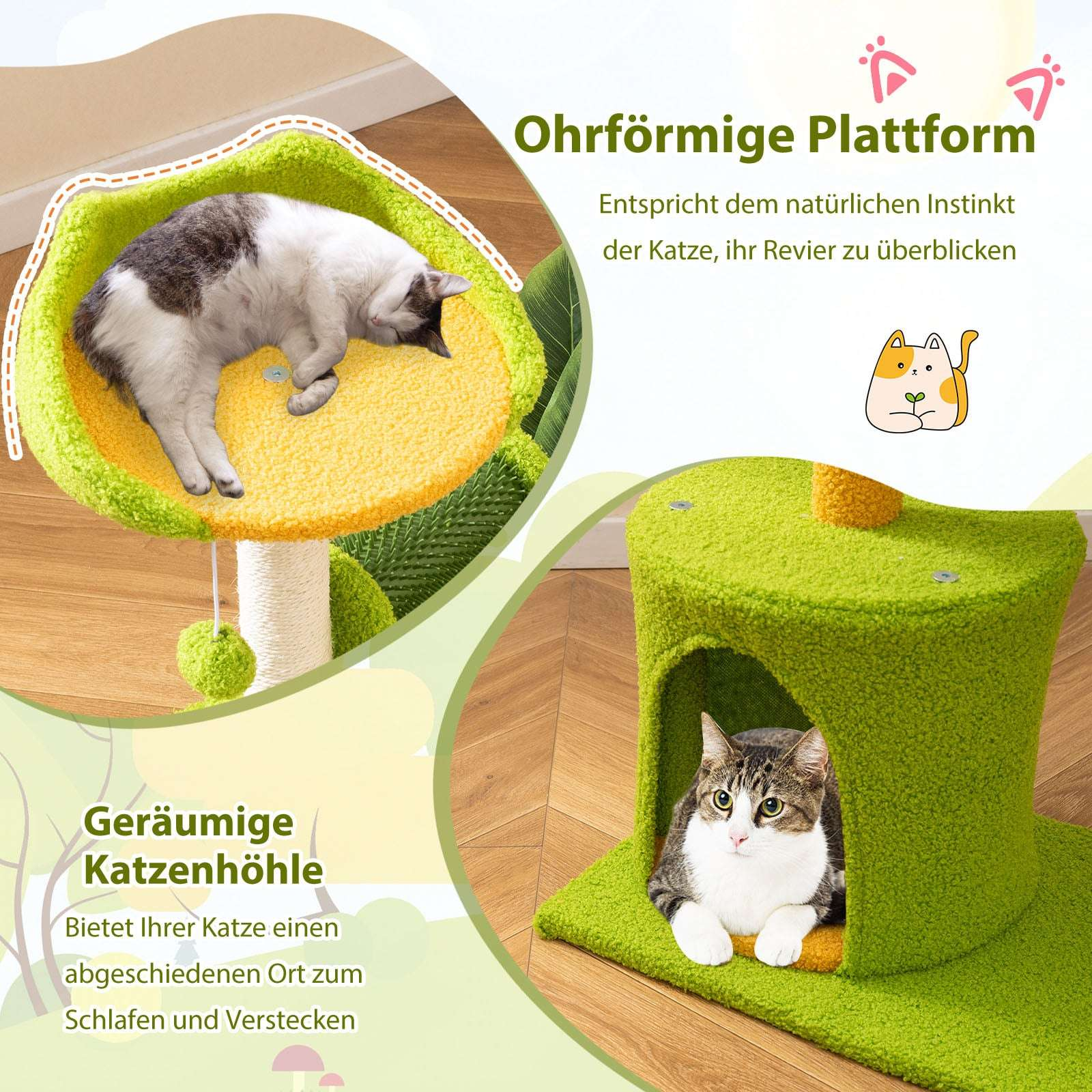 Green cat trees: A cat sleeps on a platform, another lies in an entrance.