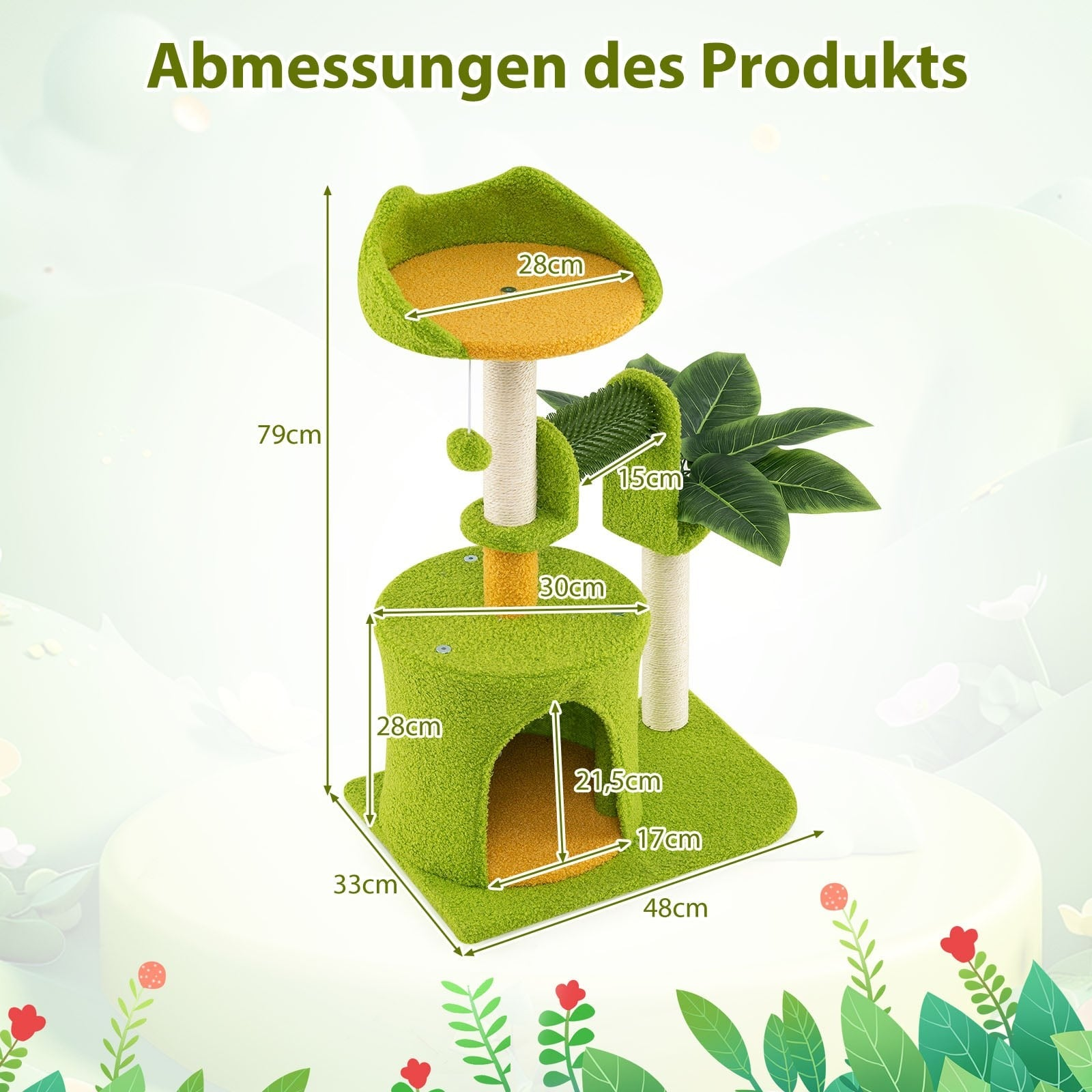 Green cat tree with a house, platform, and toy. Dimensions are shown.