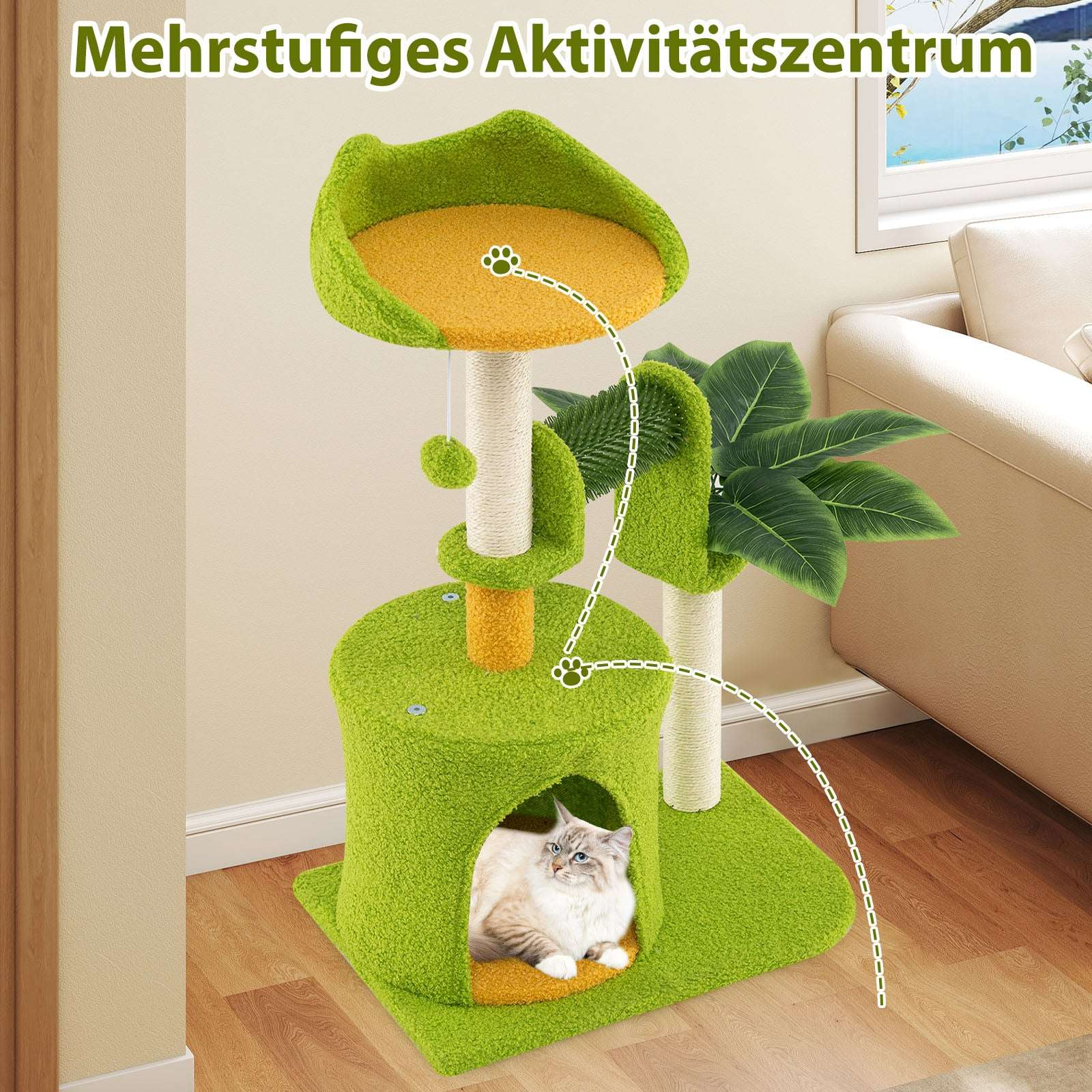 A multi-level cat tree with green carpet, yellow perch, and a cat inside.