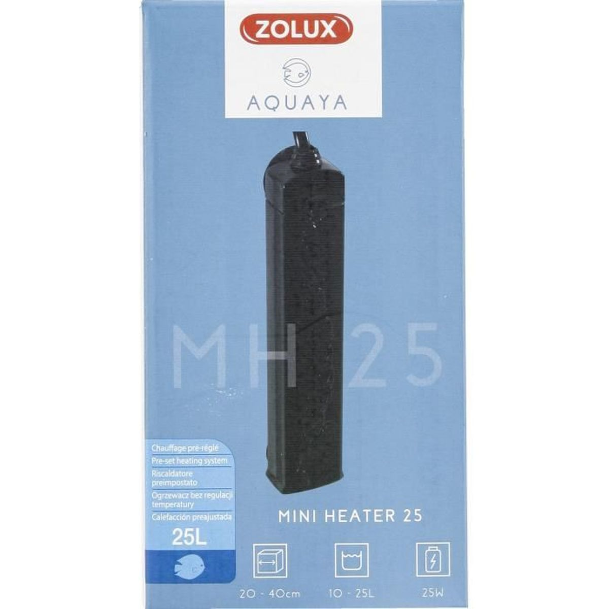 Verpakking voor een zwarte aquariumverwarmer met het label MH 25.