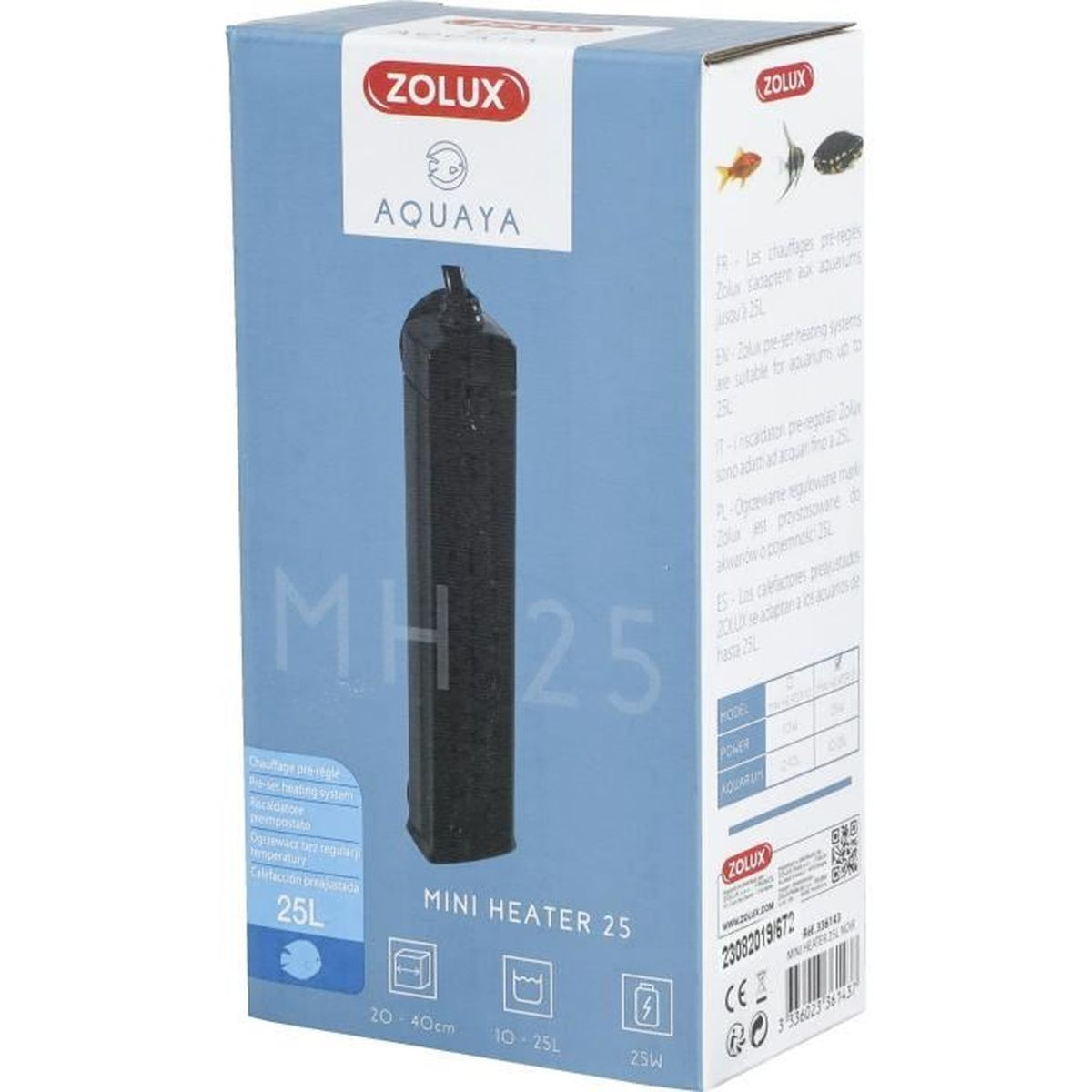 Doos voor een zwarte Zolux MH 25 aquariumverwarmer.