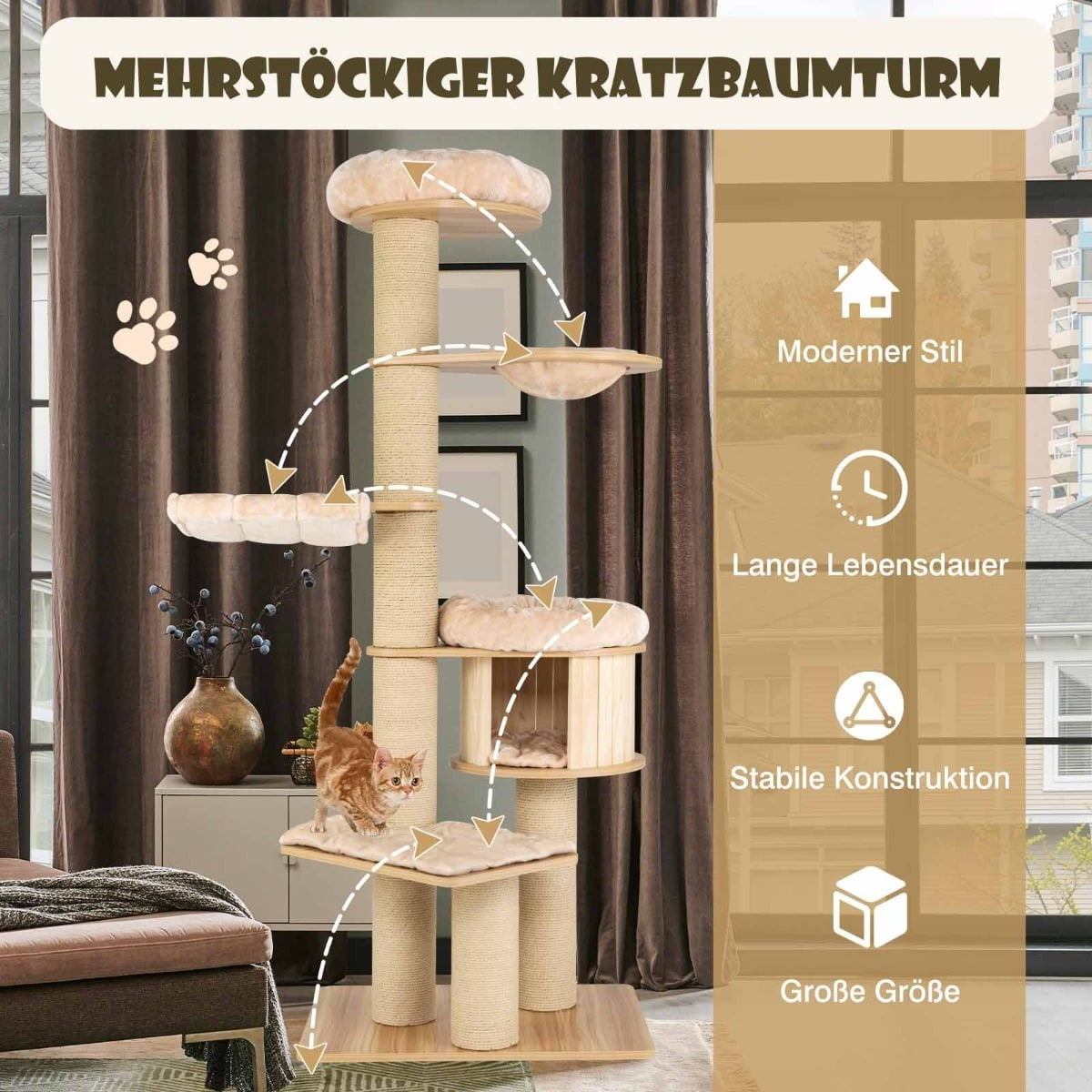 Multi-level cat tree with a cat, multiple platforms, beds, and scratching posts.