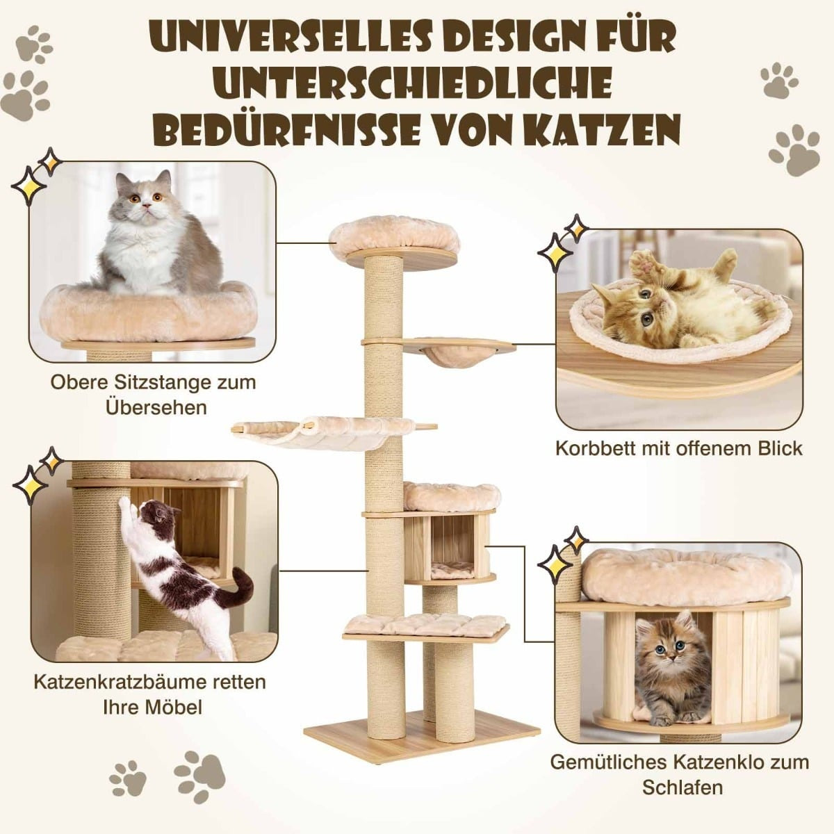 A multi-level cat tree with cats in various sleeping and playing positions.