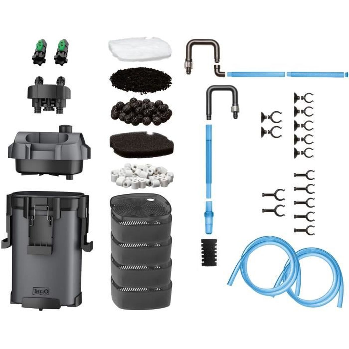Aquarium external filter set with various filter media and hoses.