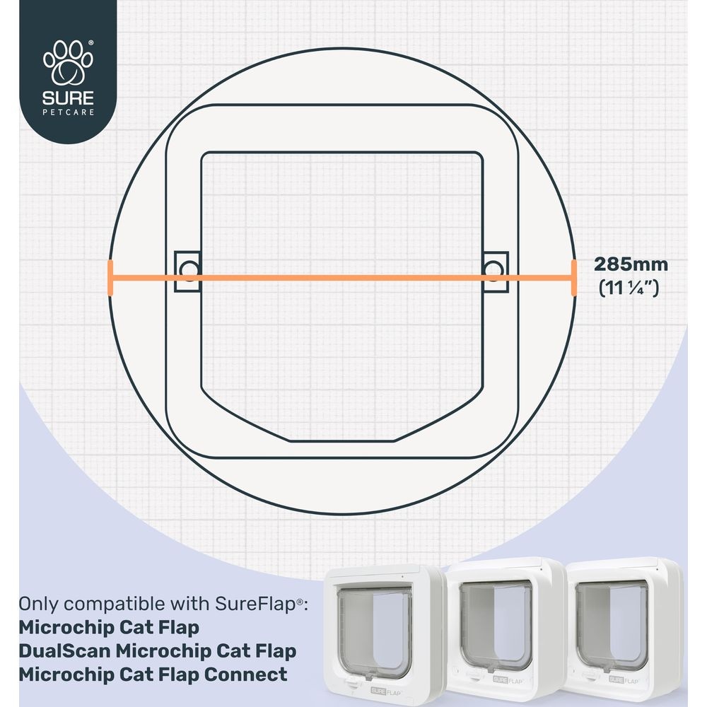 Diagram of a cat flap with dimensions and three SureFlap cat flap units.