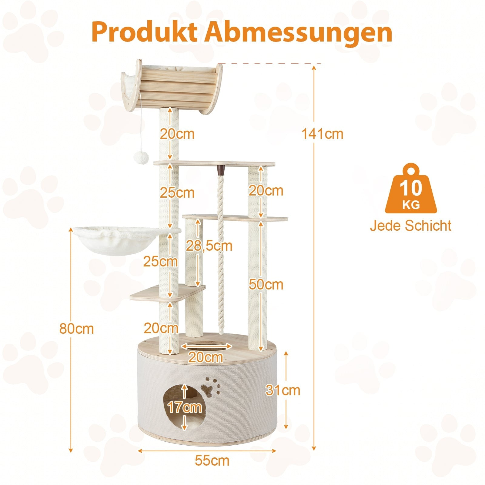 A multi-level wooden and rope cat tree with dimensions and weight specifications.