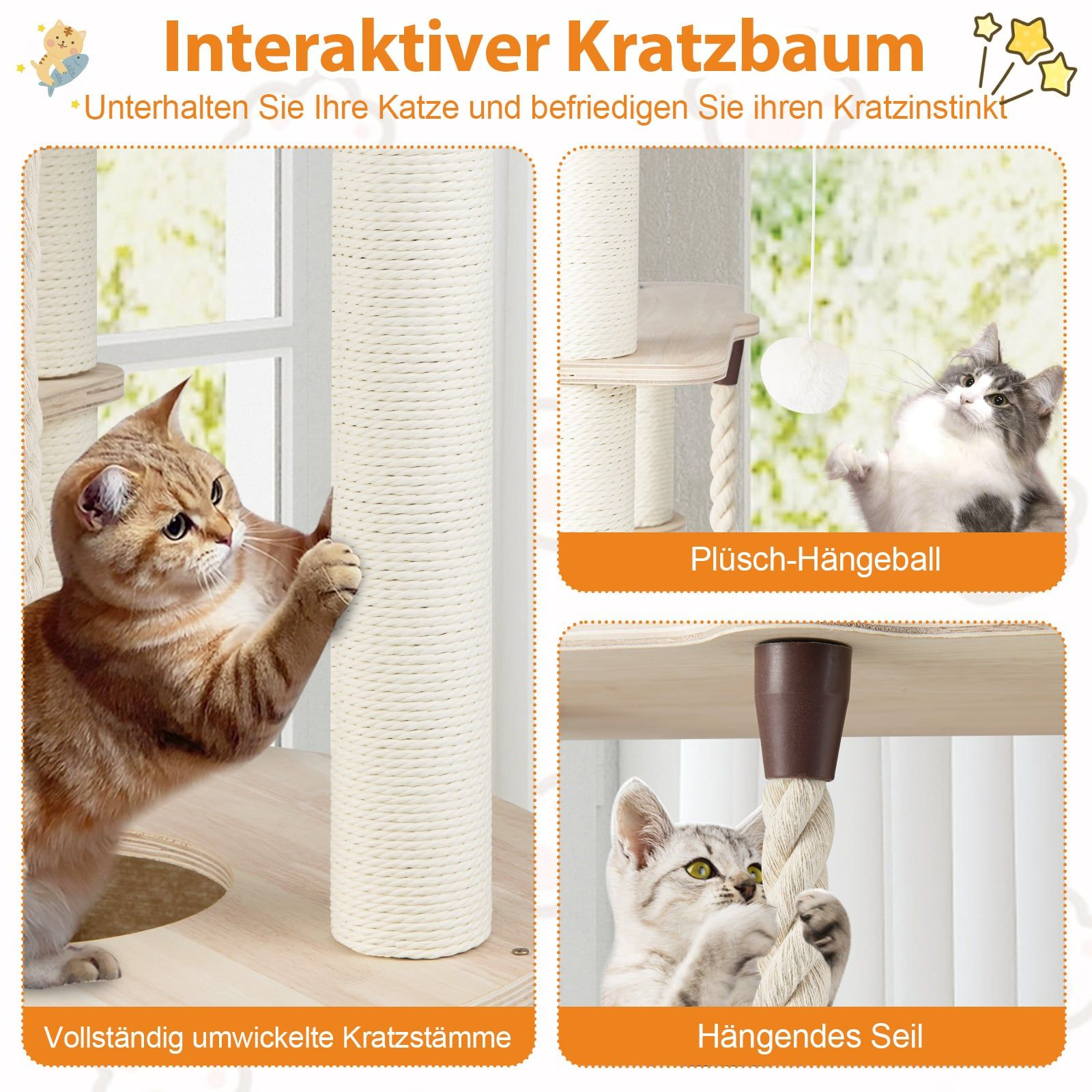 An interactive cat tree with two cats playing and scratching.