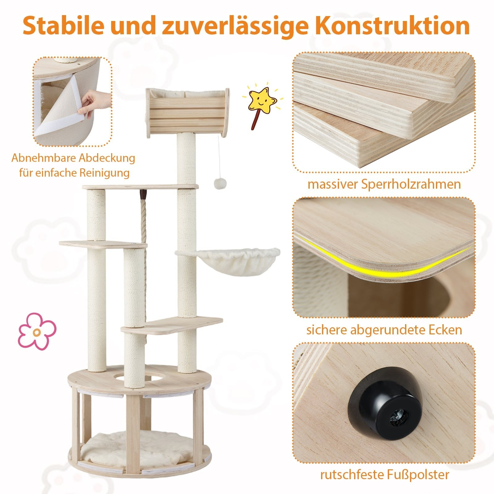 A multi-level cat tree made of light wood with sisal posts and a hammock.