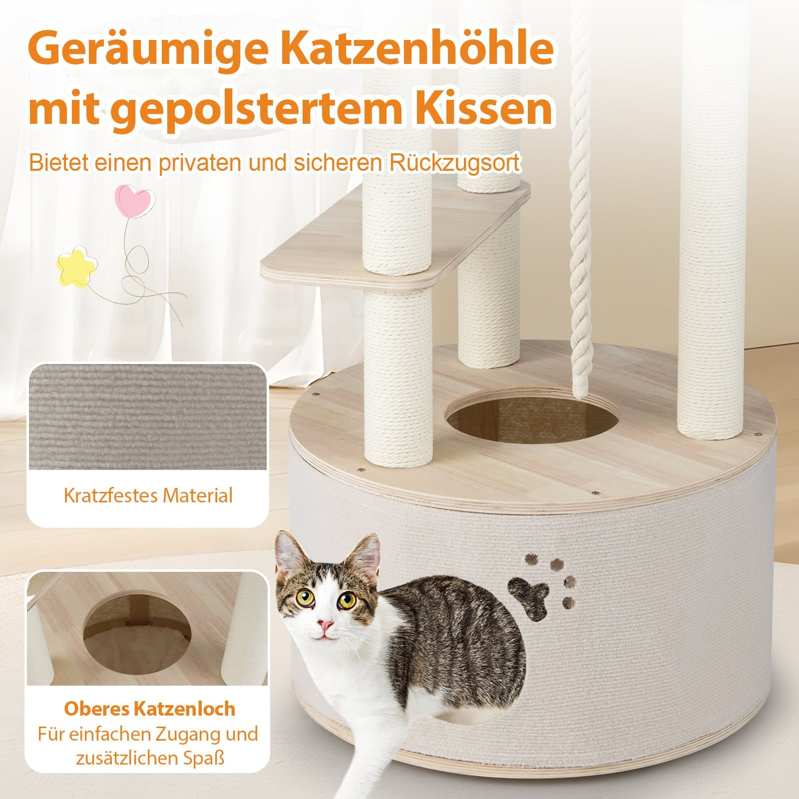 Cat on a multi-level cat tree with rope and entry hole.