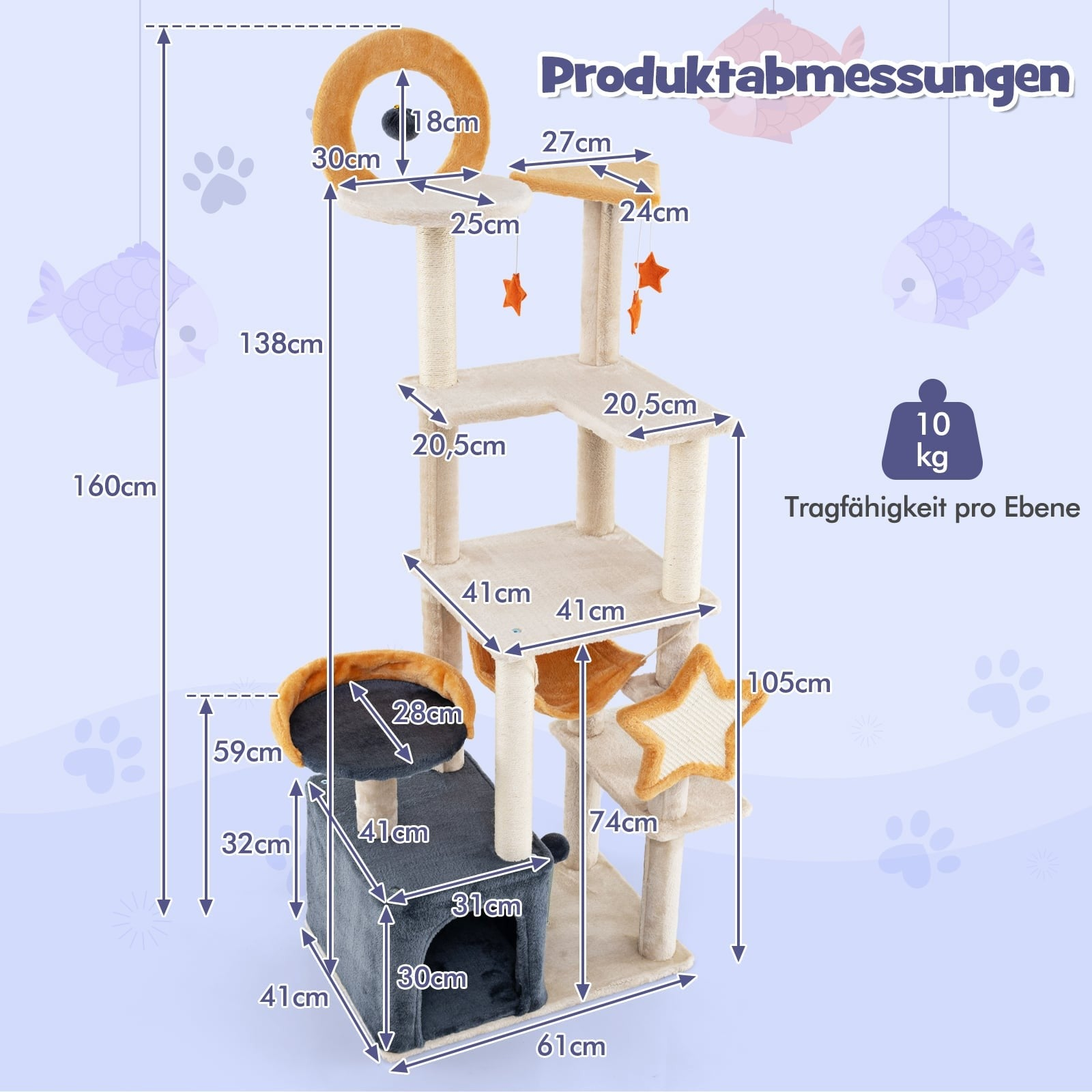 A multi-level cat tree with dimensions. 10kg load capacity per level.