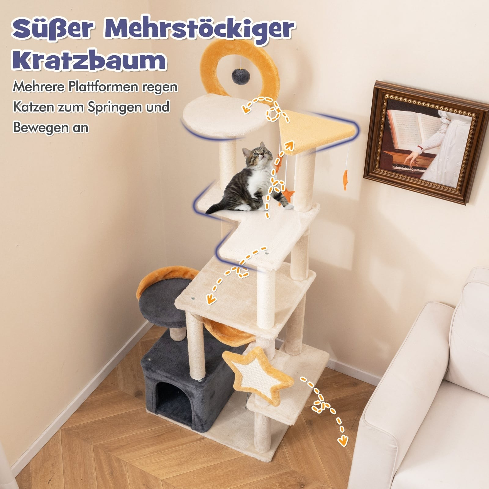 A multi-level cat tree with a cat, toys, and a framed picture.