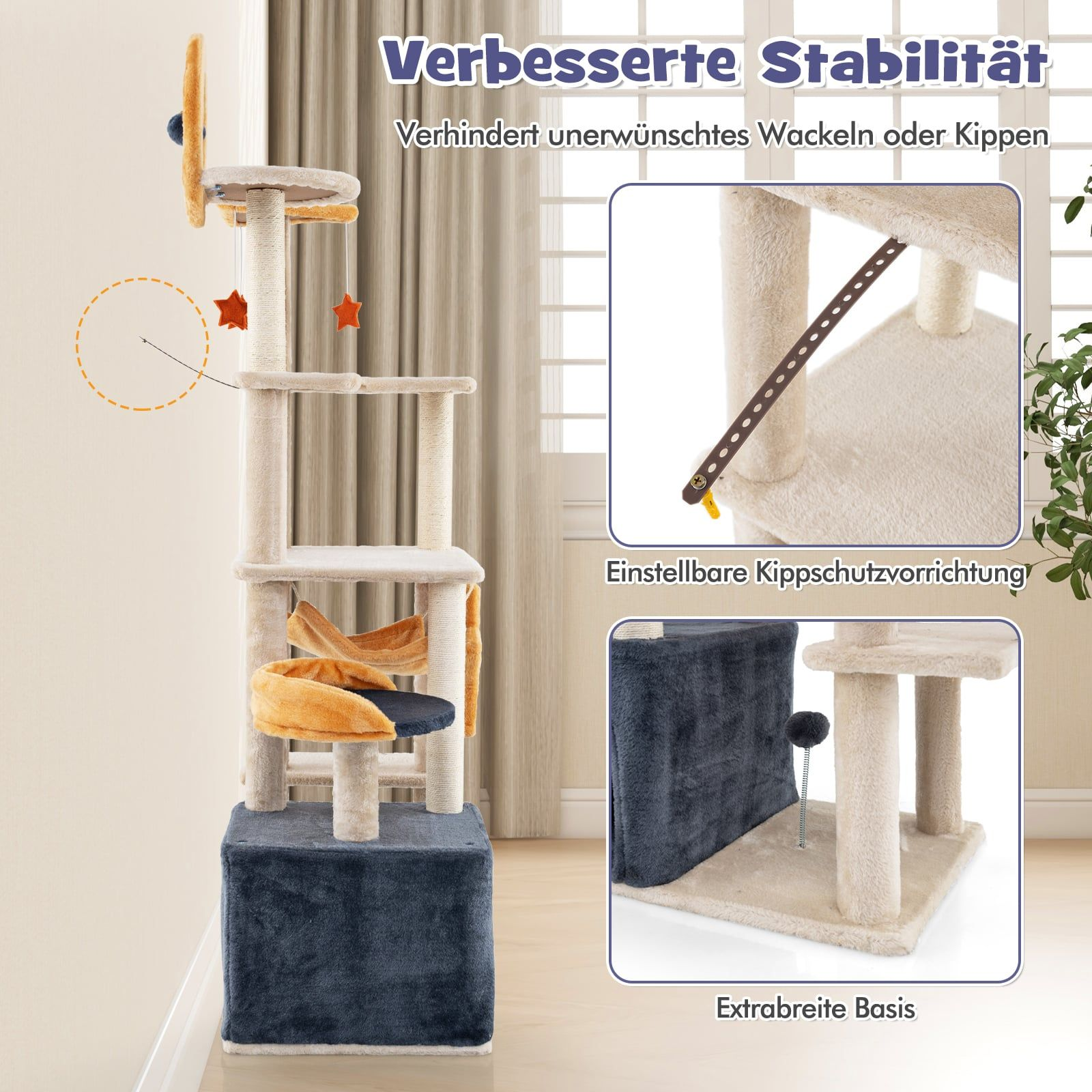 A multi-level cat tree with hammocks, perches, and toys.