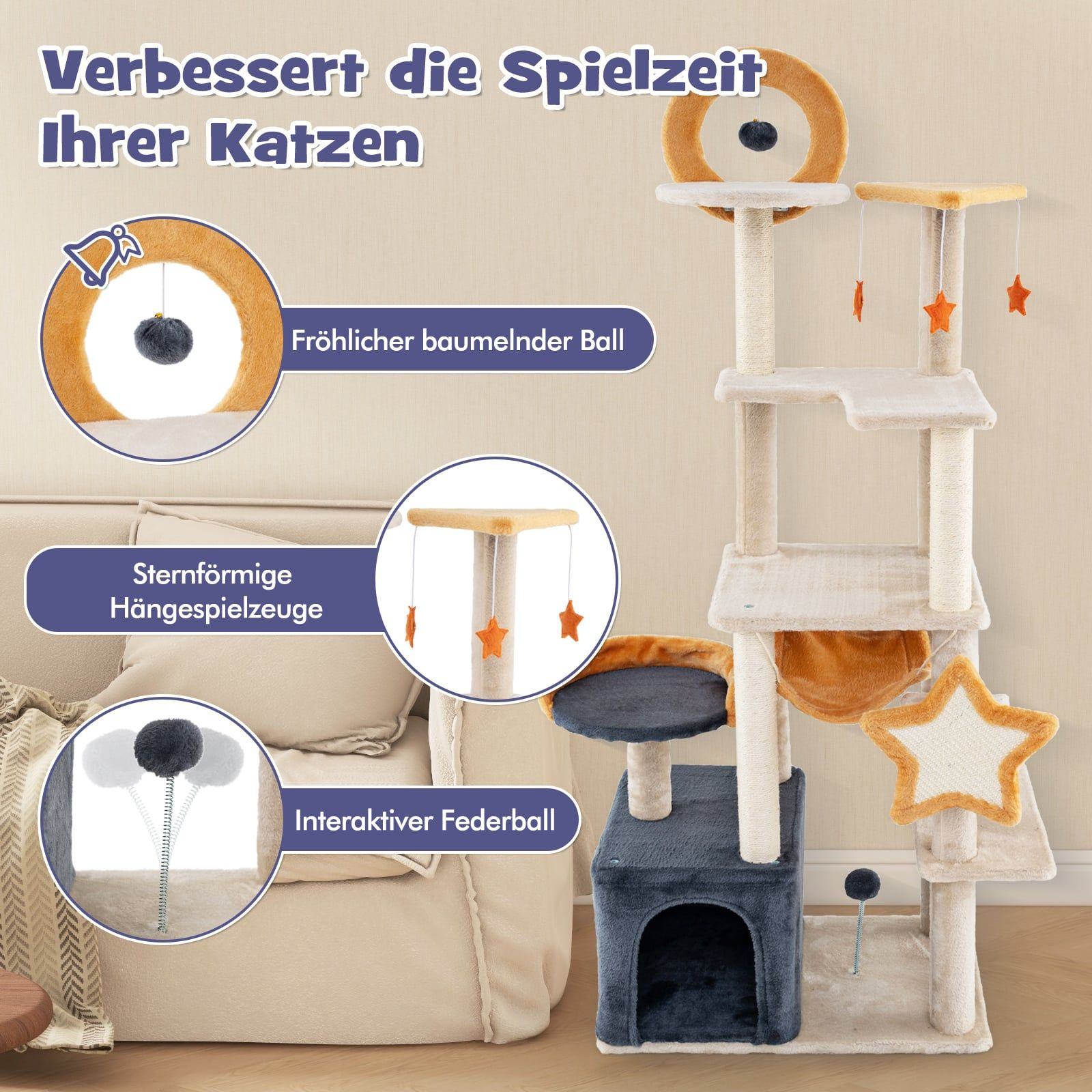 A multi-level cat tree with hanging toys and balls for cats.