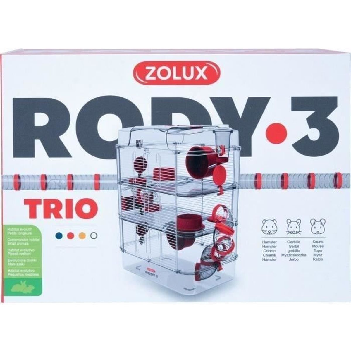 Zolux Rody.3 Trio cage for small animals with three levels, tunnels, and accessories.