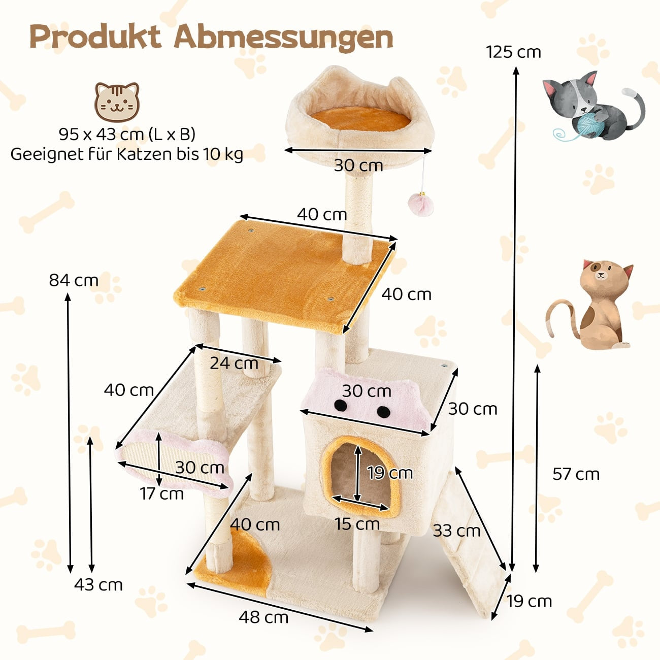 Multi-level cat tree with dimensions indicated.