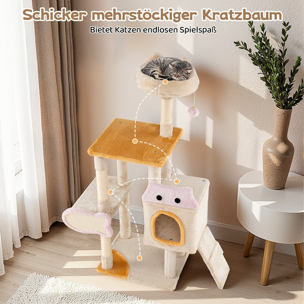 Multi-level cat tree with a sleeping kitten on top and toys.