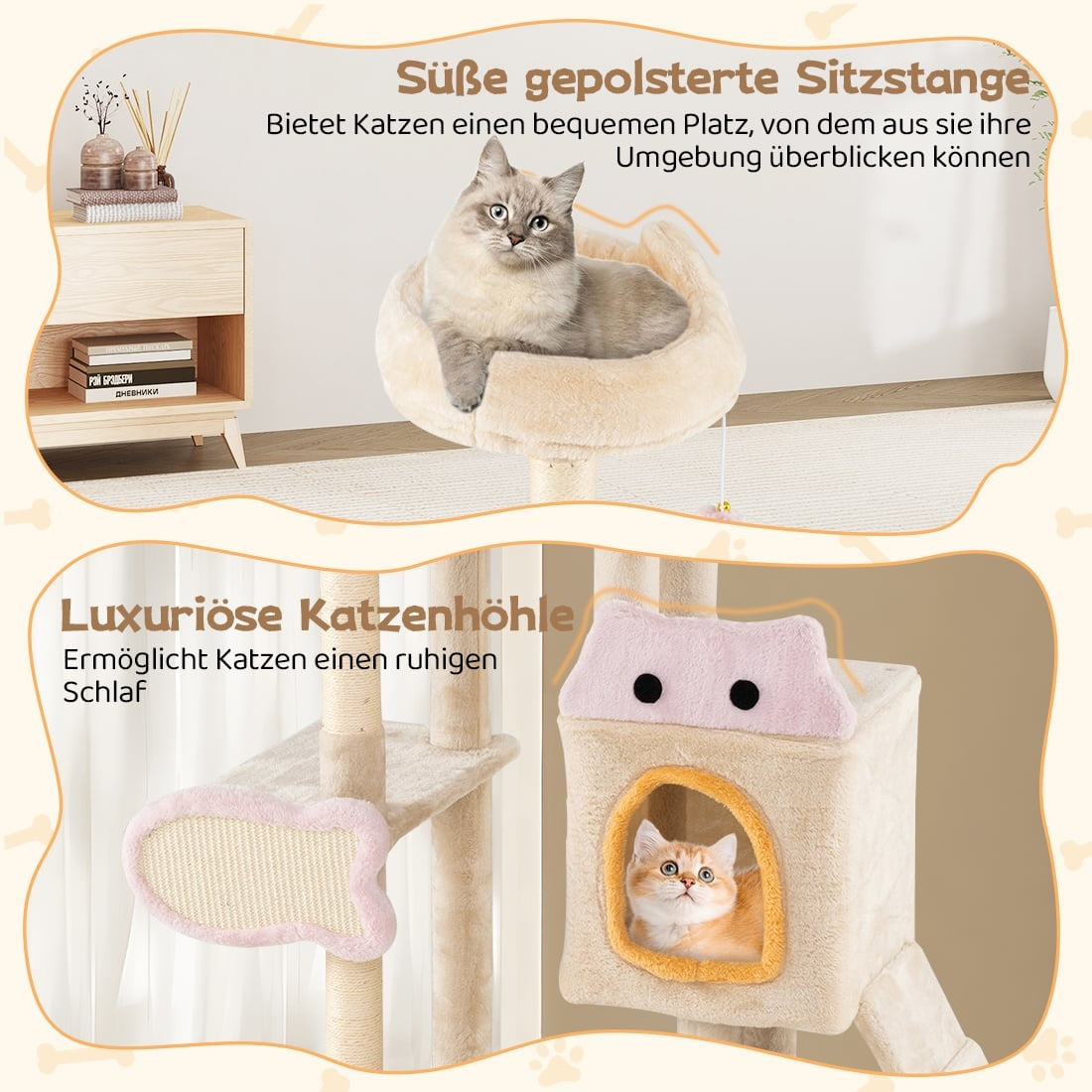 Two cats on a cat tree: one on a raised perch, one in a den.