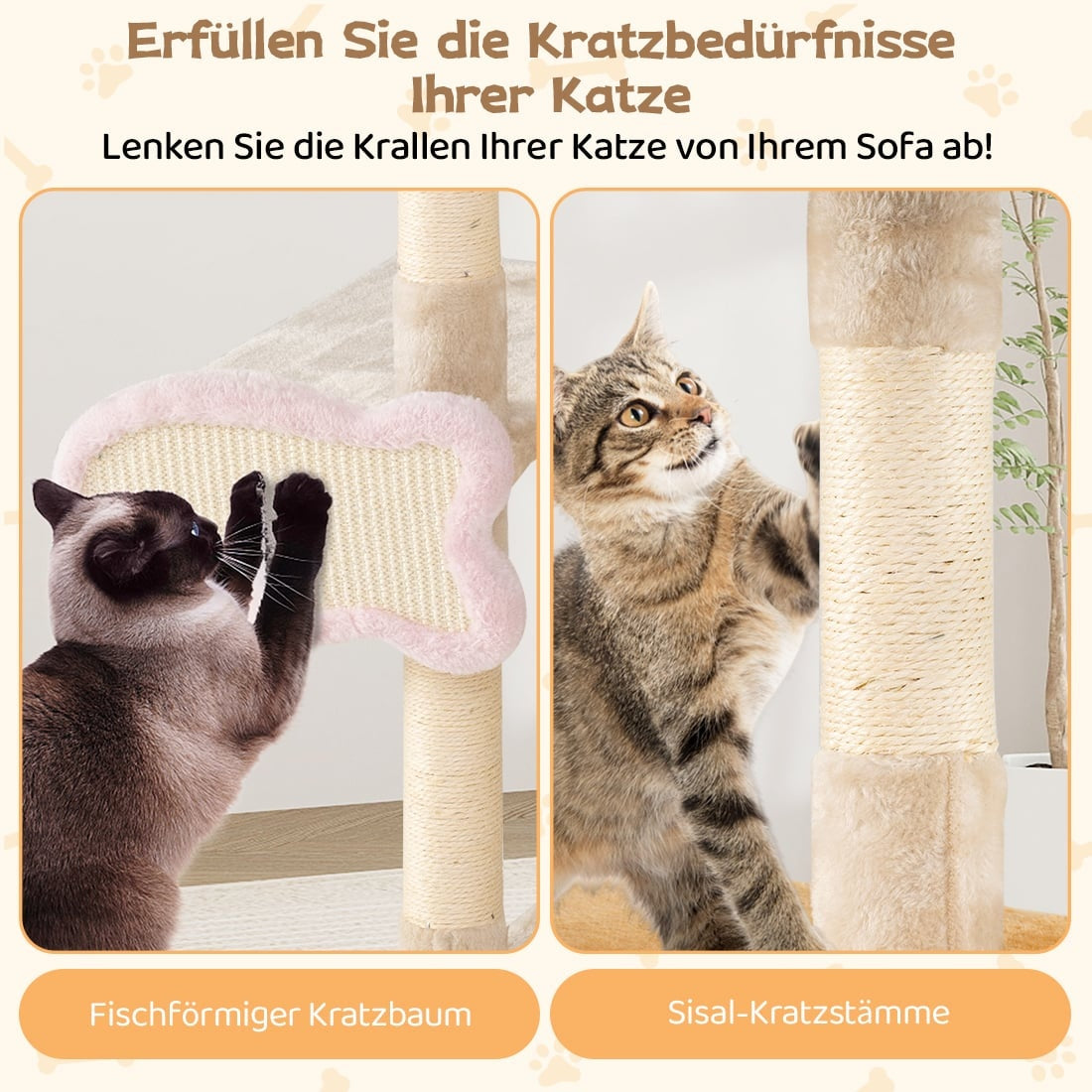 Two cats scratching on cat trees: one on a fish-shaped, one on a sisal post.