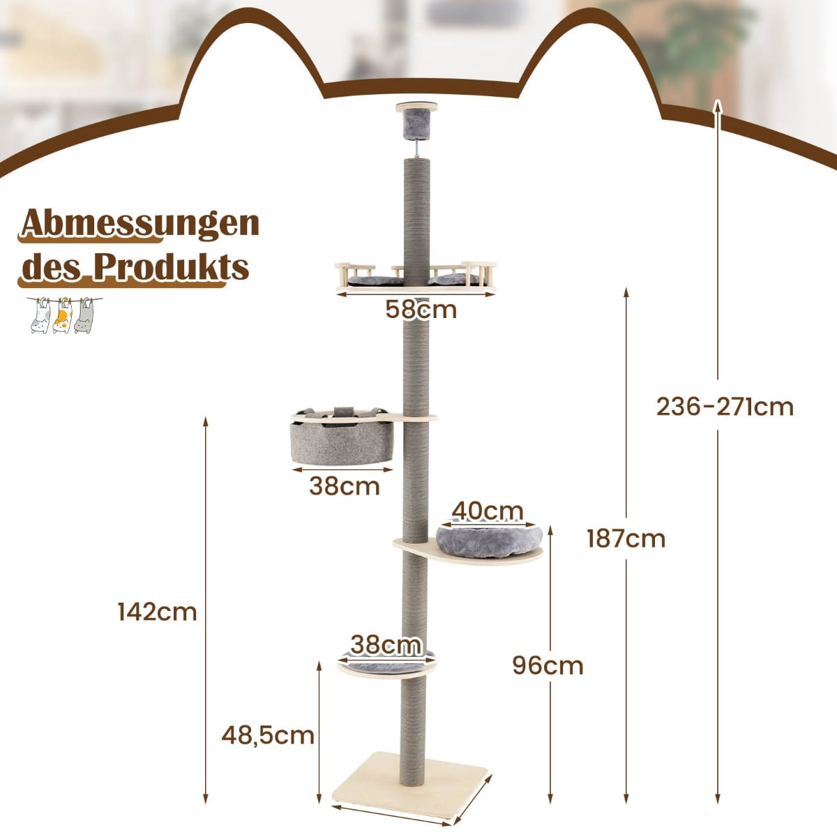 Arbre à chat à plusieurs niveaux avec dimensions indiquées.