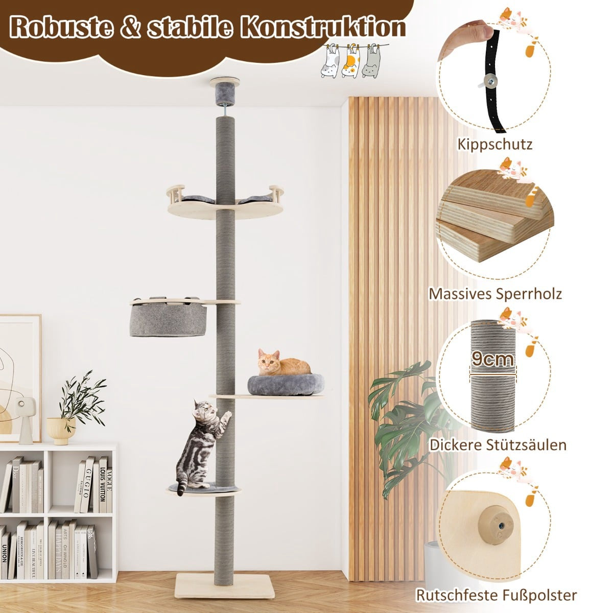 Un grand arbre à chat avec deux chats, anti-basculement et détails en bois.
