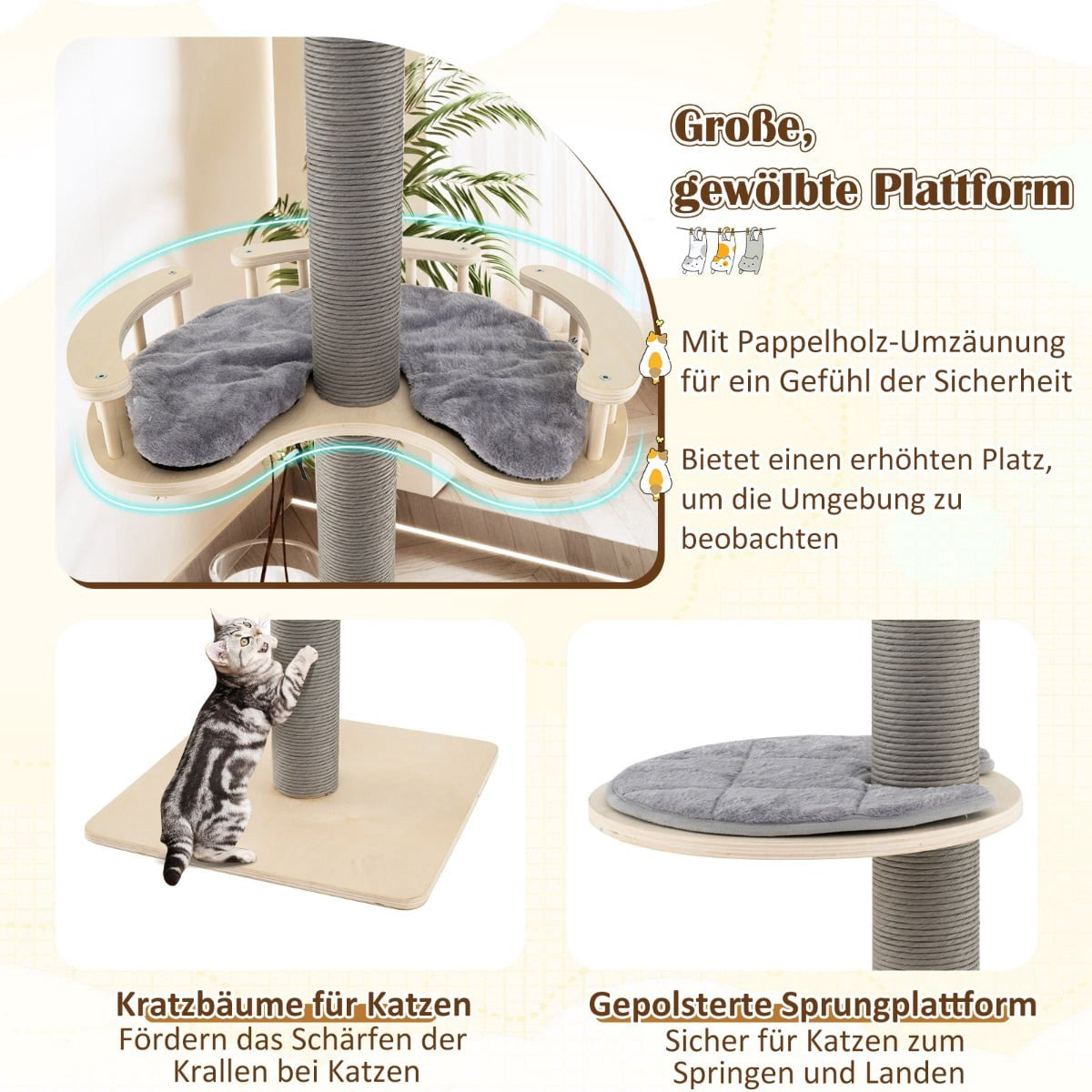 Arbre à chat avec hamacs, poteaux en sisal et plateforme. Un chat gratte un poteau.