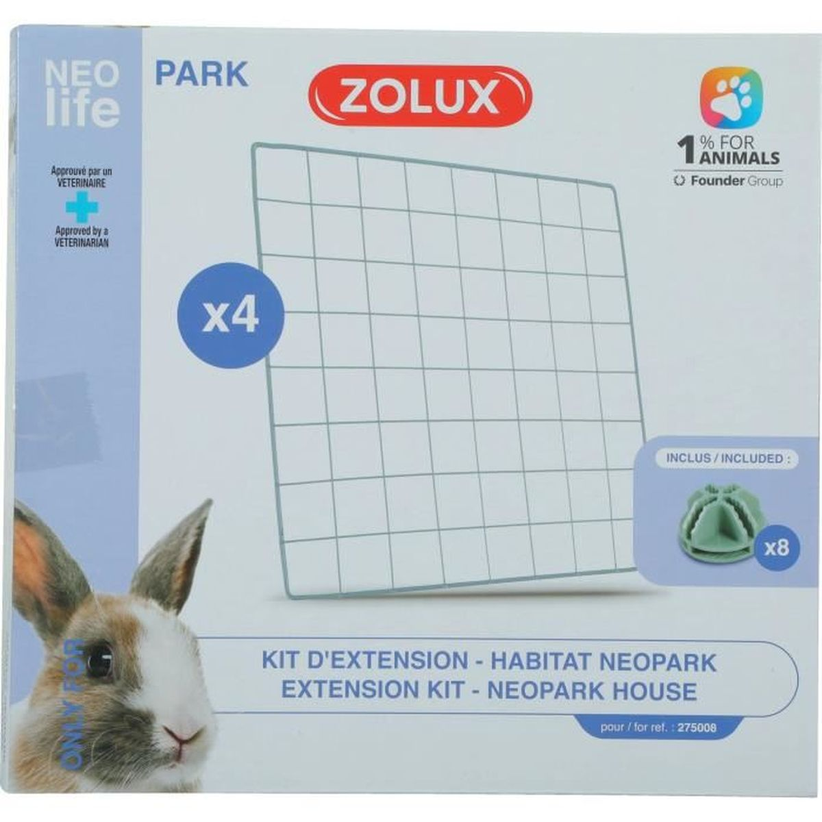 Packaging for a Zolux Neo Park extension kit with rabbit and grid pattern.