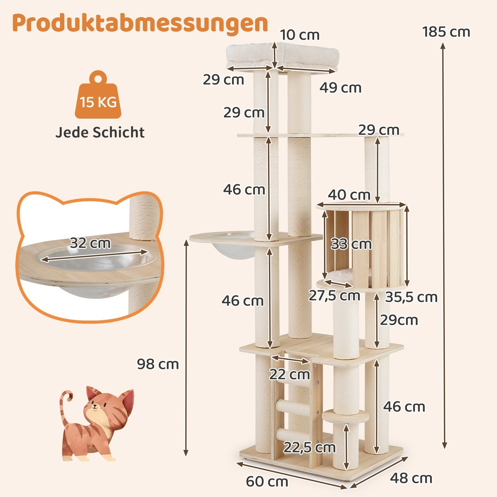 Dimensions of a multi-level cat tree with hammock and toy.