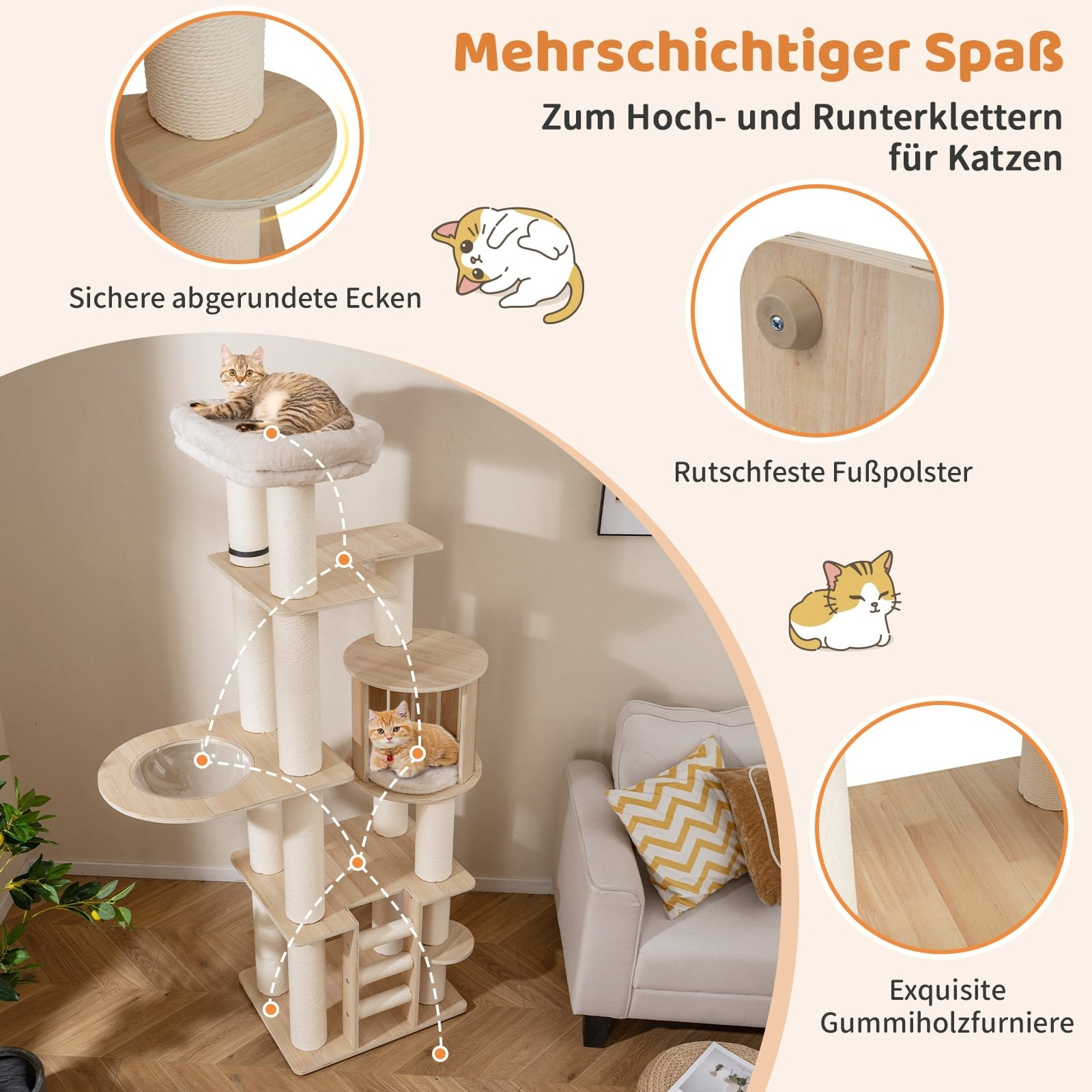 A multi-level cat tree with two cats, one on the top perch, one in the basket.