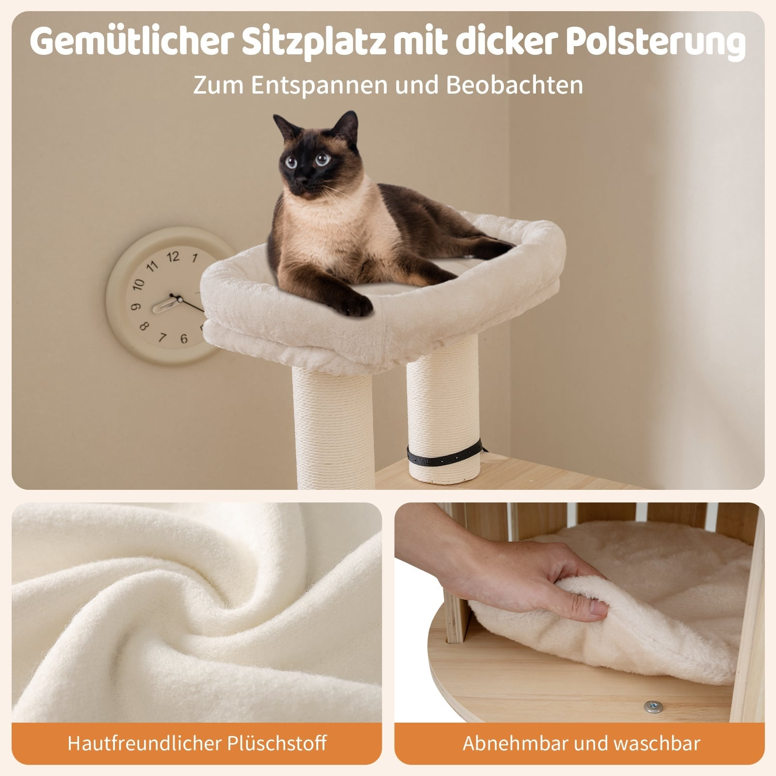 Siamese cat lies on a cream-colored cat tree with two posts.